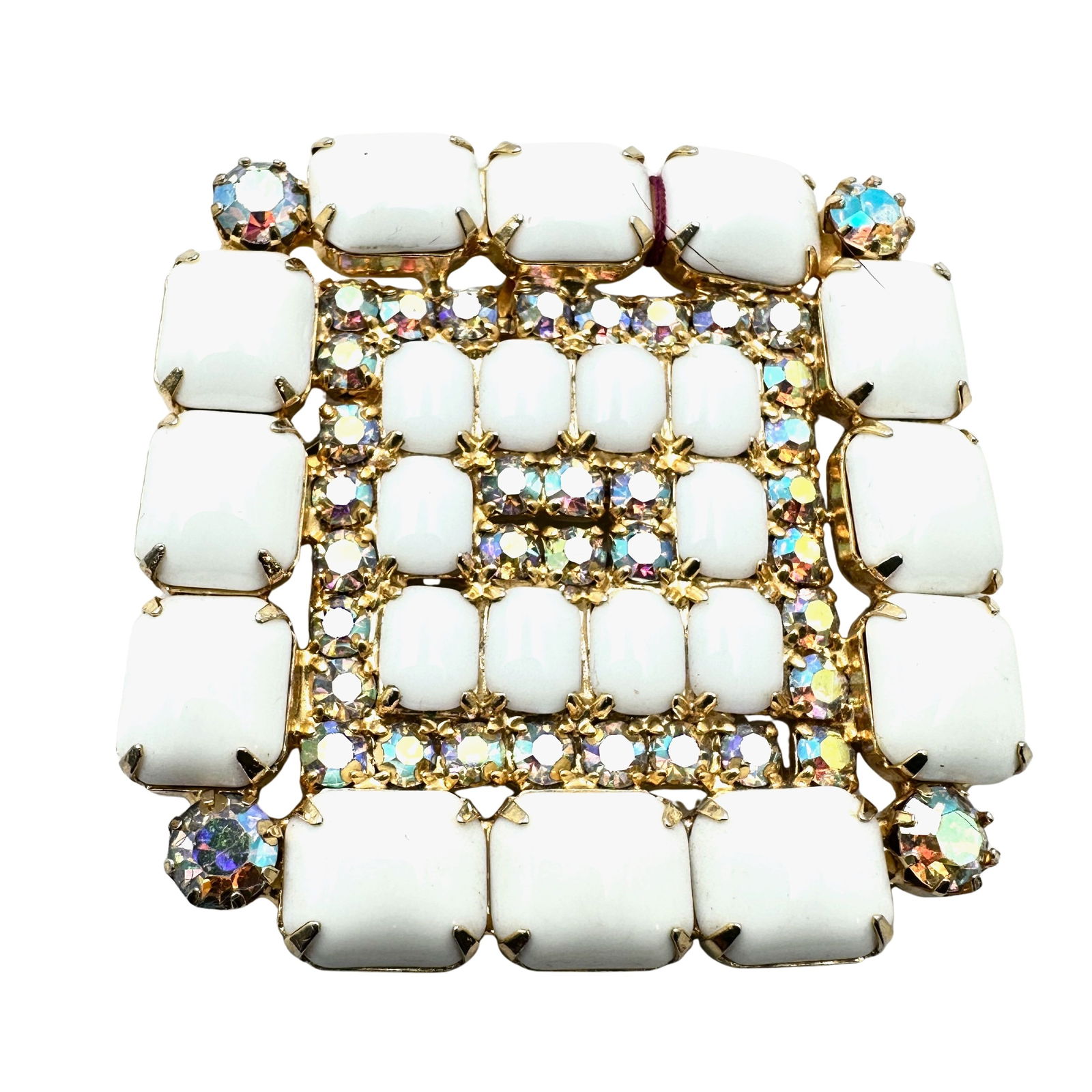 Vintage High End White Milk Glass Rhinestone Gold Tone Brooch Pin 2.5 Inch: Vintage High End White Milk Glass Rhinestone Gold Tone Brooch Pin 2.5 Inch