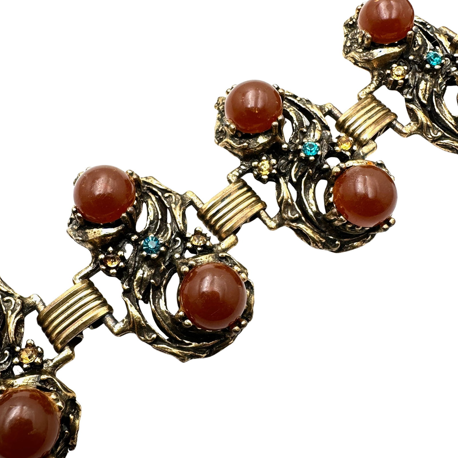 Vintage Blue And Brown Rhinestone Antiqued Gold Tone Bracelet 7 Inch Heavy Quality Made: Vintage Blue And Brown Rhinestone Antiqued Gold Tone Bracelet 7 Inch Heavy Quality Made