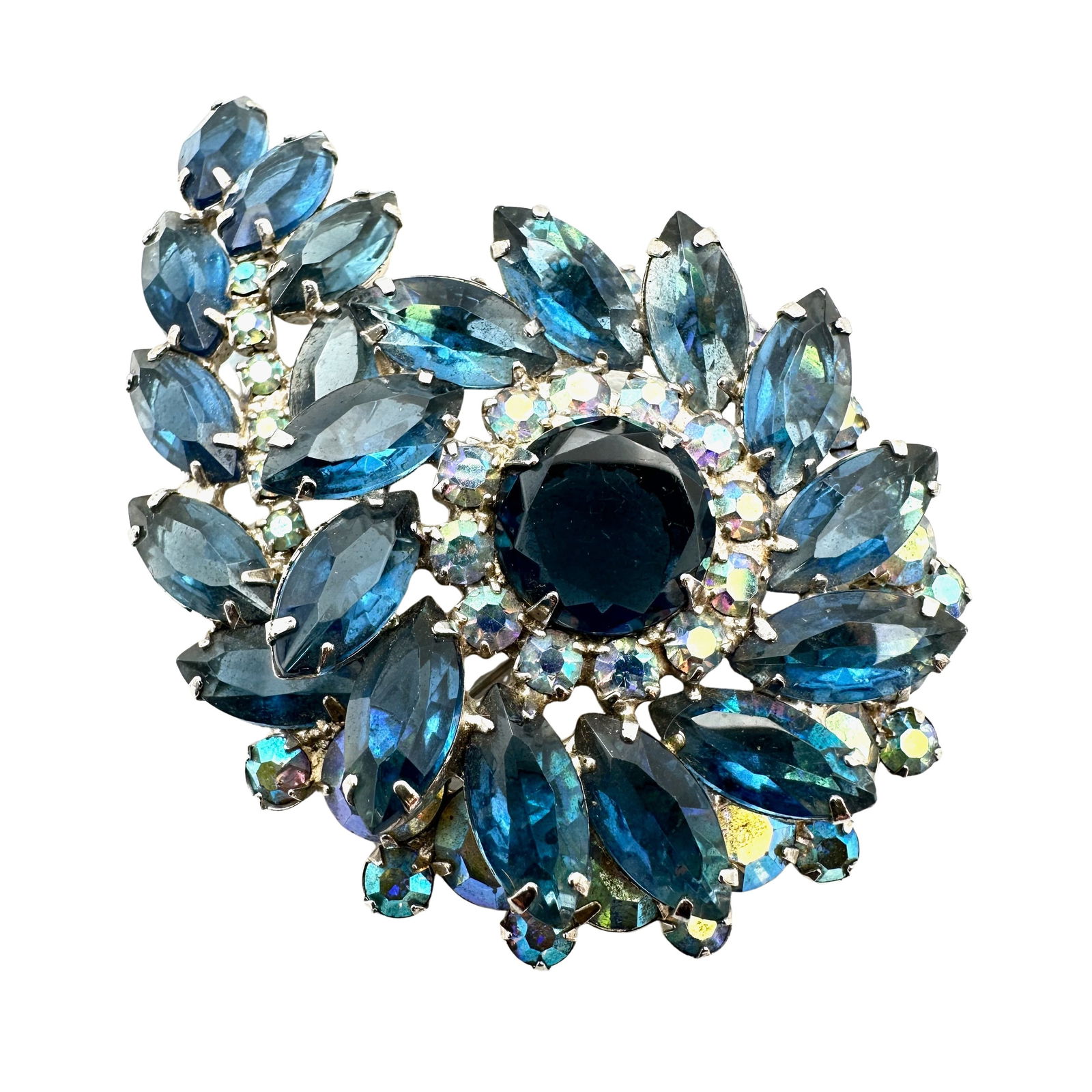 Vintage Juliana Blue Glass Rhinestone Silver Tone Brooch Pin 3 Inch (1 of 2)