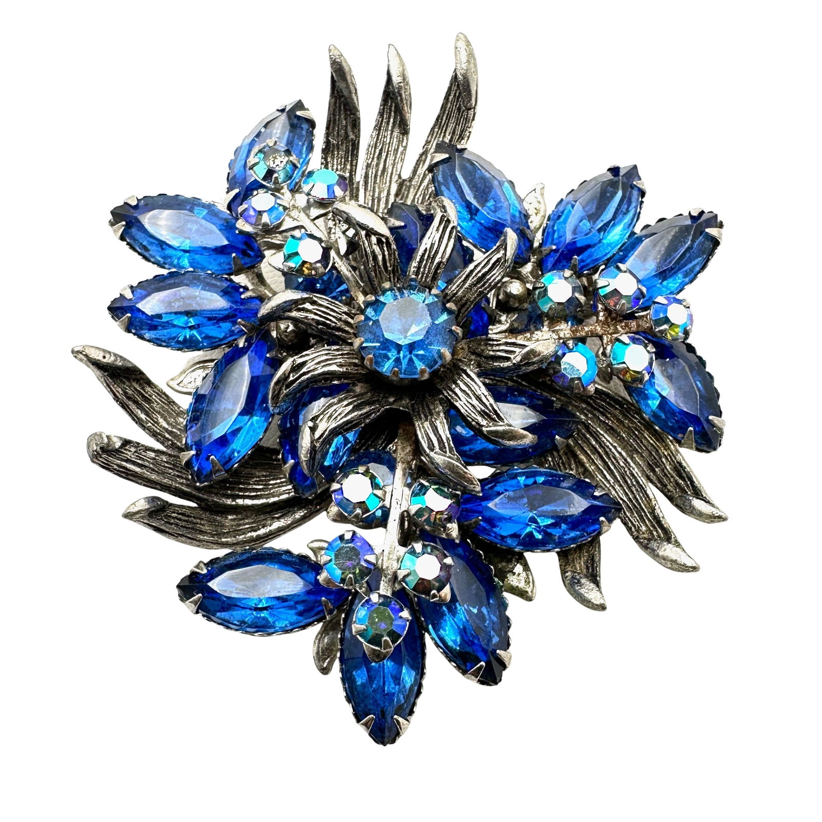 Vintage High End Blue Glass Rhinestone Silver Tone Brooch Pin 2.5 Inch: Vintage High End Blue Glass Rhinestone Silver Tone Brooch Pin 2.5 Inch