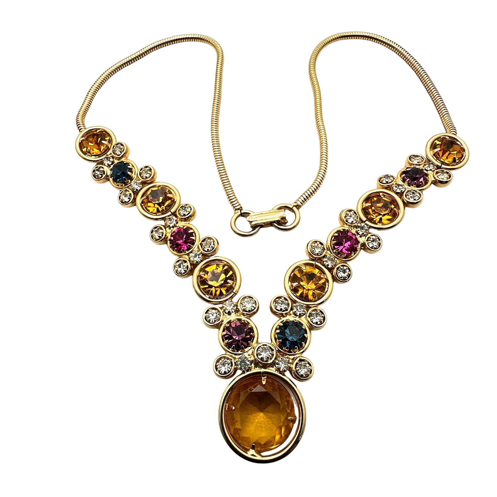Vintage Hobe' Multicolor Glass Rhinestone Gold Tone Necklace 17 Inch: Vintage Hobe' Multicolor Glass Rhinestone Gold Tone Necklace 17 Inch