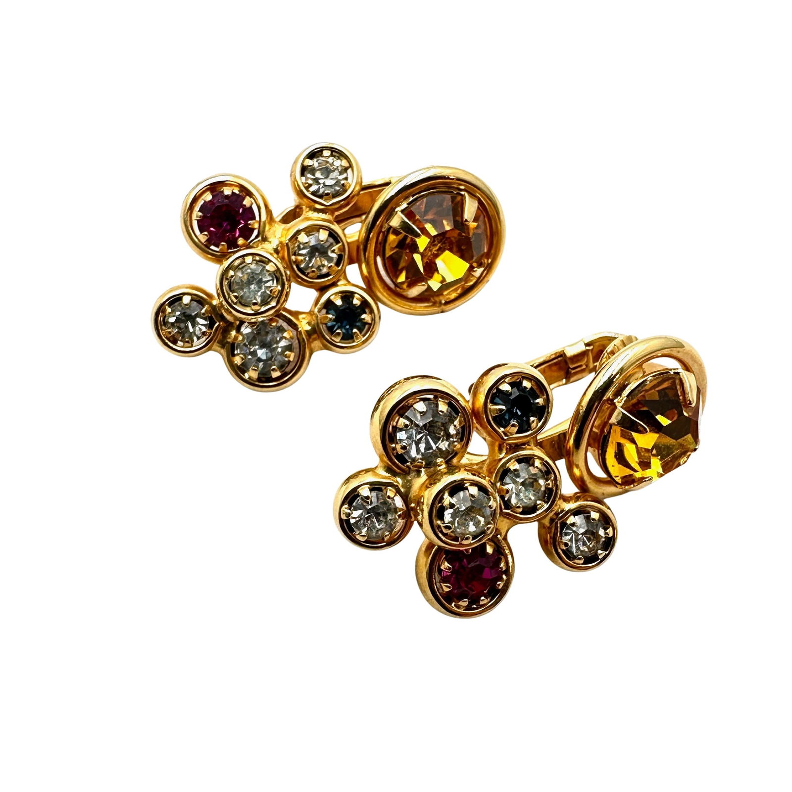 Vintage Hobe' Multicolor Glass Rhinestone Gold Tone Clip Earrings: Vintage Hobe' Multicolor Glass Rhinestone Gold Tone Clip Earrings