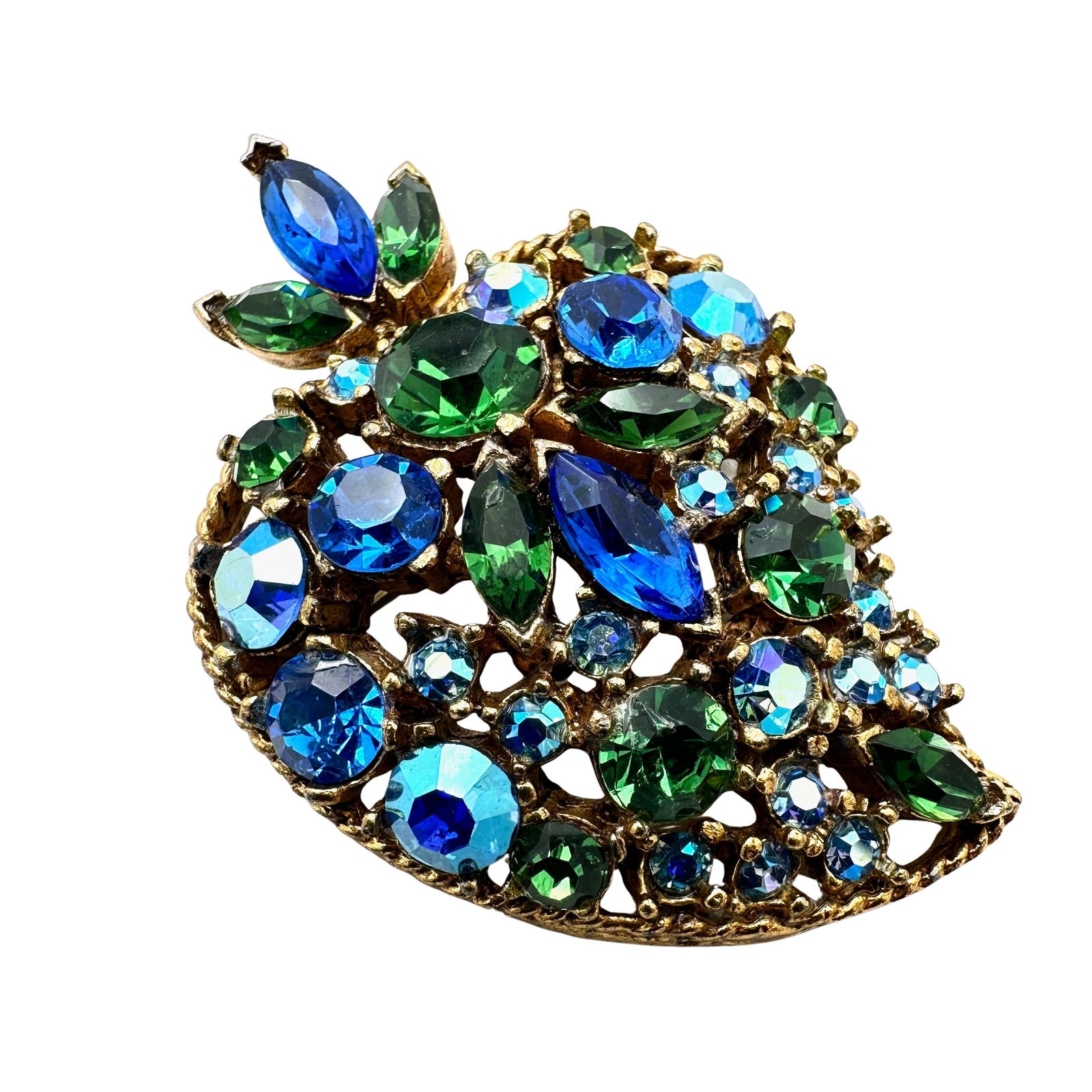 Vintage Unsigned high End Blue Green Glass Rhinestone Gold Tone Brooch Pin 2 Inch: Vintage Unsigned high End Blue Green Glass Rhinestone Gold Tone Brooch Pin 2 Inch