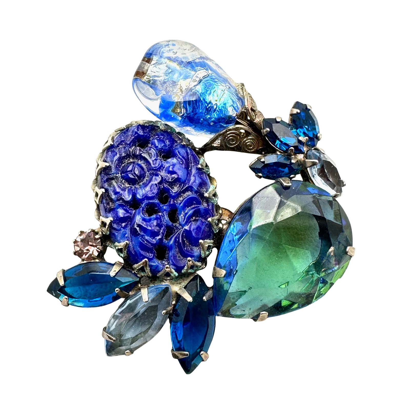 Vintage Juliana Blue Czech Glass and Glass Rhinestone Silver Tone Brooch Pin 2 Inch (1 of 2)