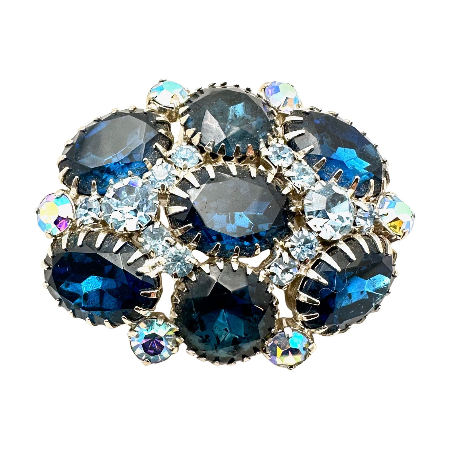 Vintage Unsigned Schreiner? Light and Dark Blue Glass Rhinestone Silver Tone Brooch Pin 2.25 Inch (1 of 2)