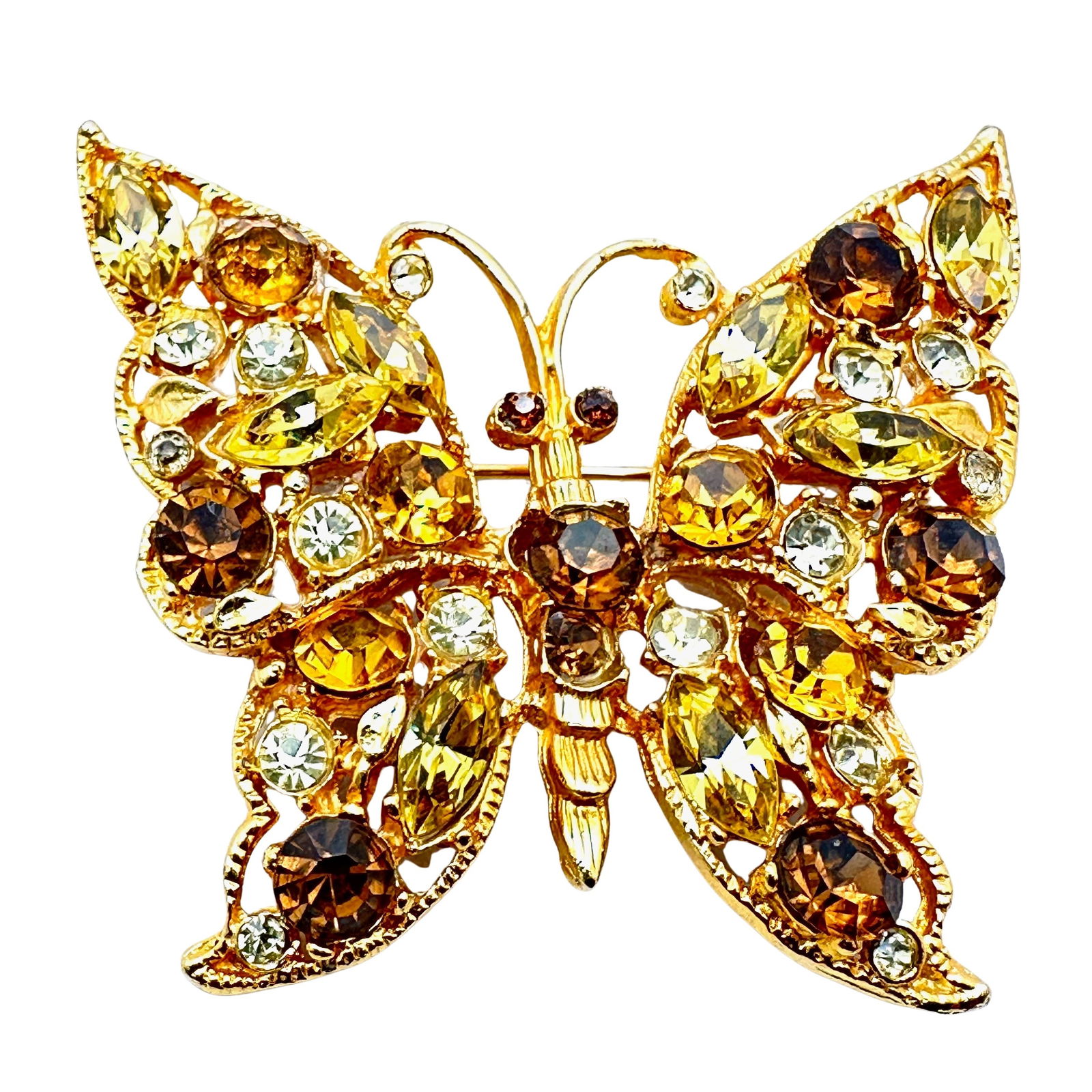Vintage Yellow Amber Glass Rhinestone Gold Tone Butterfly Brooch Pin 2.5 Inch: Vintage Yellow Amber Glass Rhinestone Gold Tone Butterfly Brooch Pin 2.5 Inch