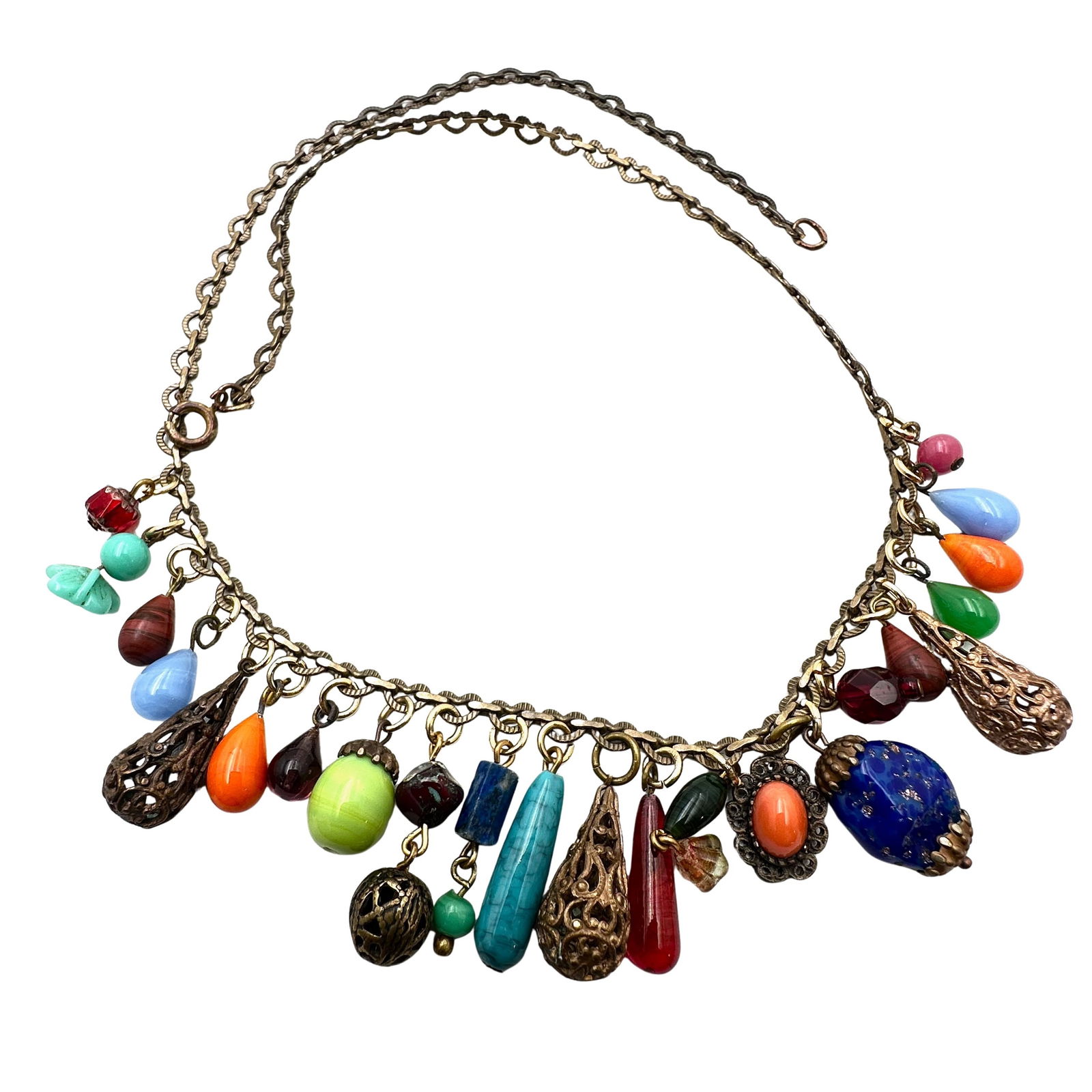 Vintage Multicolor Czech Glass Charm Necklace Antiqued Gold Tone 17 Inch (1 of 2)