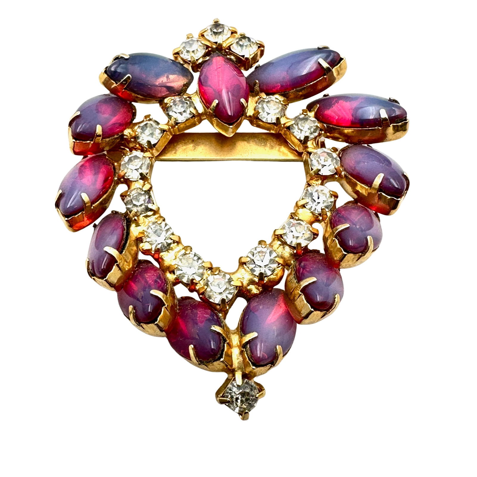 Vintage Unsigned High End Pink Red Glass Rhinestone Gold Tone Brooch Pin 2.25 Inch: Vintage Unsigned High End Pink Red Glass Rhinestone Gold Tone Brooch Pin 2.25 Inch