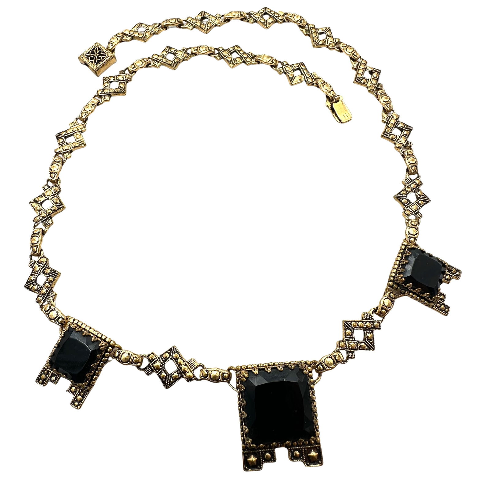 Antique Vintage Black Czech Glass Antiqued Gold Tone Necklace 15 Inch: Antique Vintage Black Czech Glass Antiqued Gold Tone Necklace 15 Inch