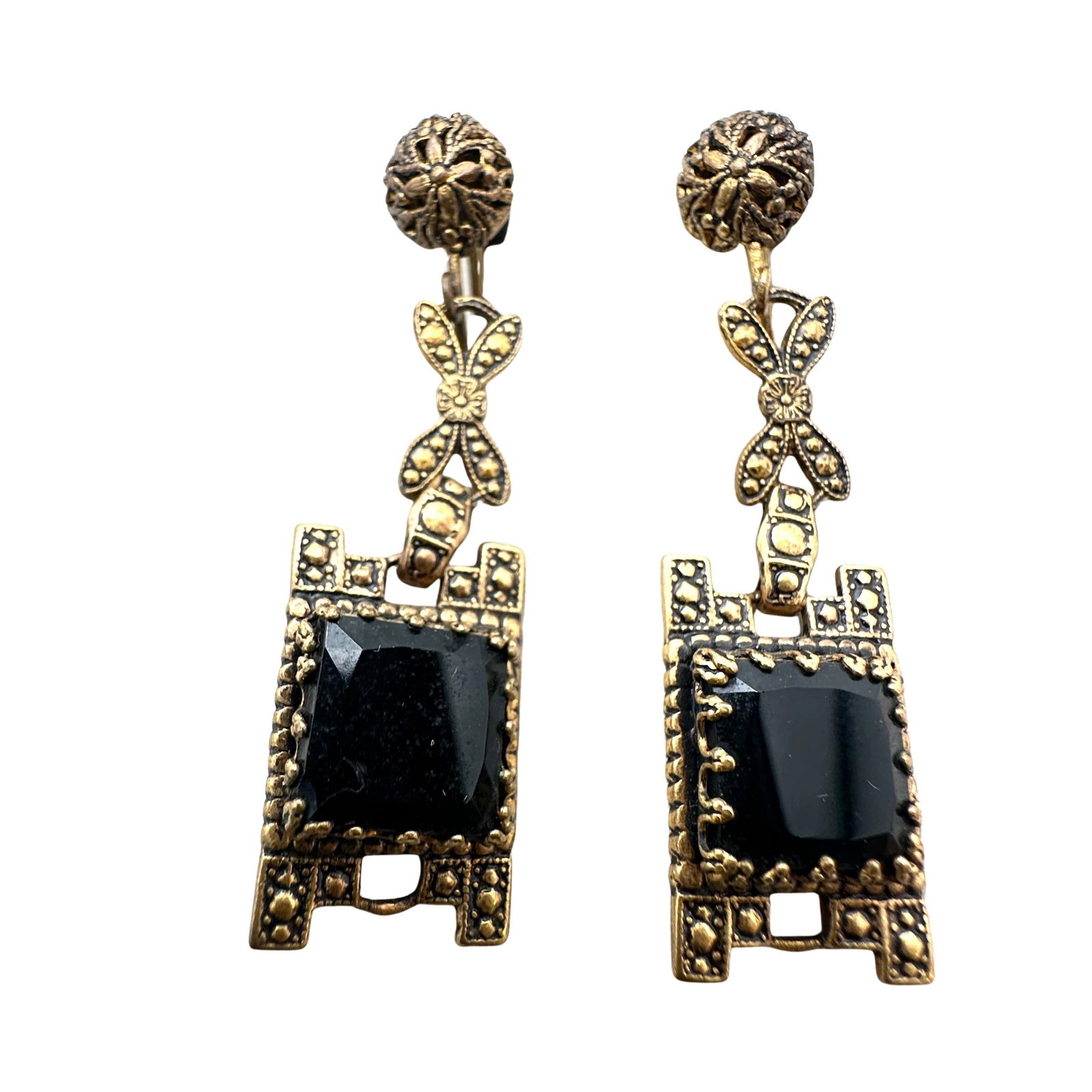 Antique Vintage Black Czech Glass Antiqued Gold Tone Screw Back Chandelier Earrings: Antique Vintage Black Czech Glass Antiqued Gold Tone Screw Back Chandelier Earrings