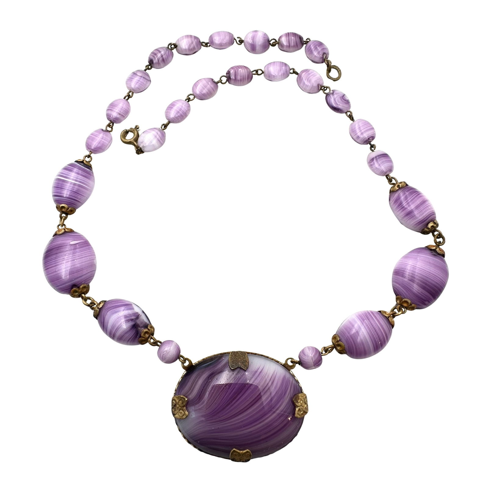 Antique Vintage Purple Swirl Czech Glass Antiqued Gold Tone necklace 15 Inch: Antique Vintage Purple Swirl Czech Glass Antiqued Gold Tone necklace 15 Inch