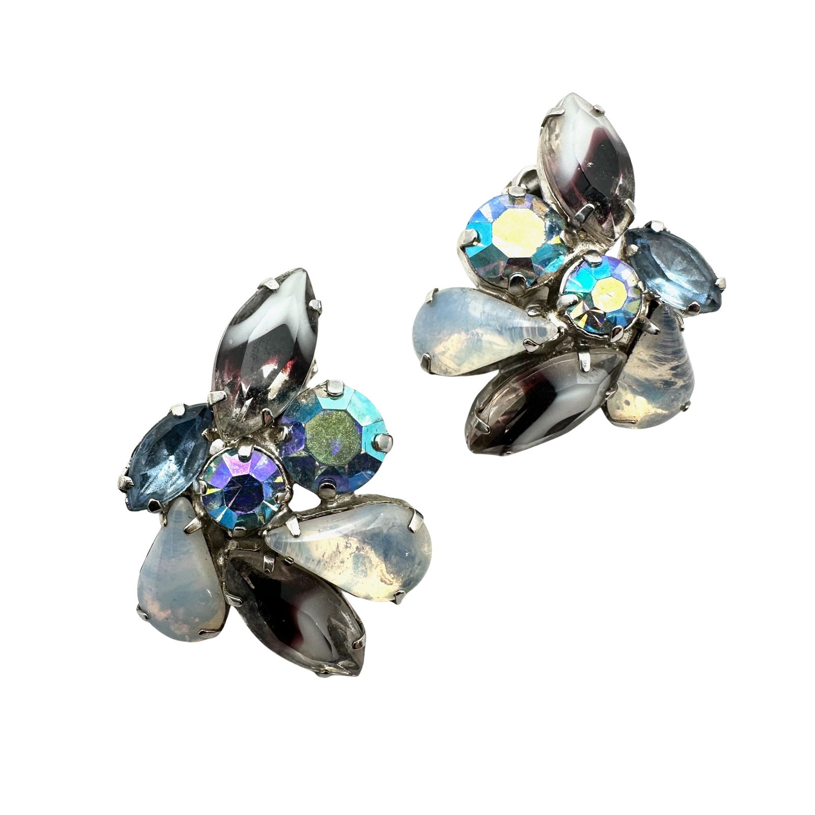 Vintage Unsigned High End Givre Glass Rhinestone Black White Blue Silver Tone Clip Earrings: Vintage Unsigned High End Givre Glass Rhinestone Black White Blue Silver Tone Clip Earrings
