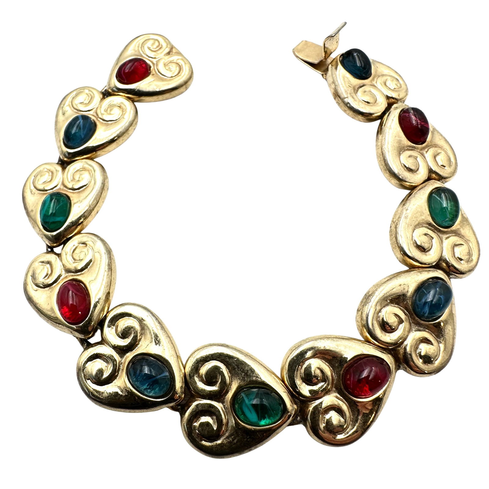 Vintage Mogul Jewel Tone Stones Gold Tone Heart Link Bracelet 7 Inch (1 of 2)