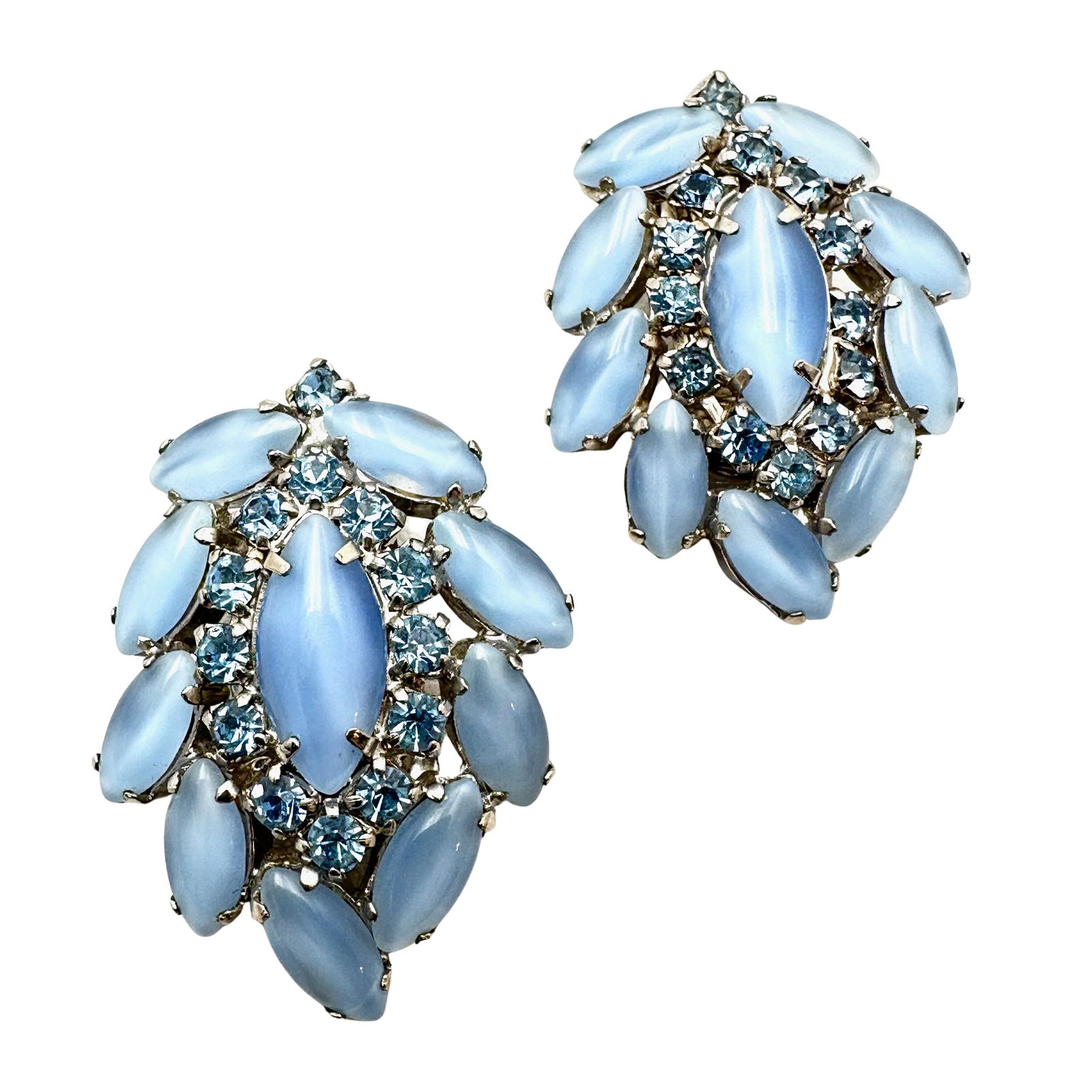 Vintage Light Blue Satin Glass Rhinestone Silver Tone Clip Earrings: Vintage Light Blue Satin Glass Rhinestone Silver Tone Clip Earrings