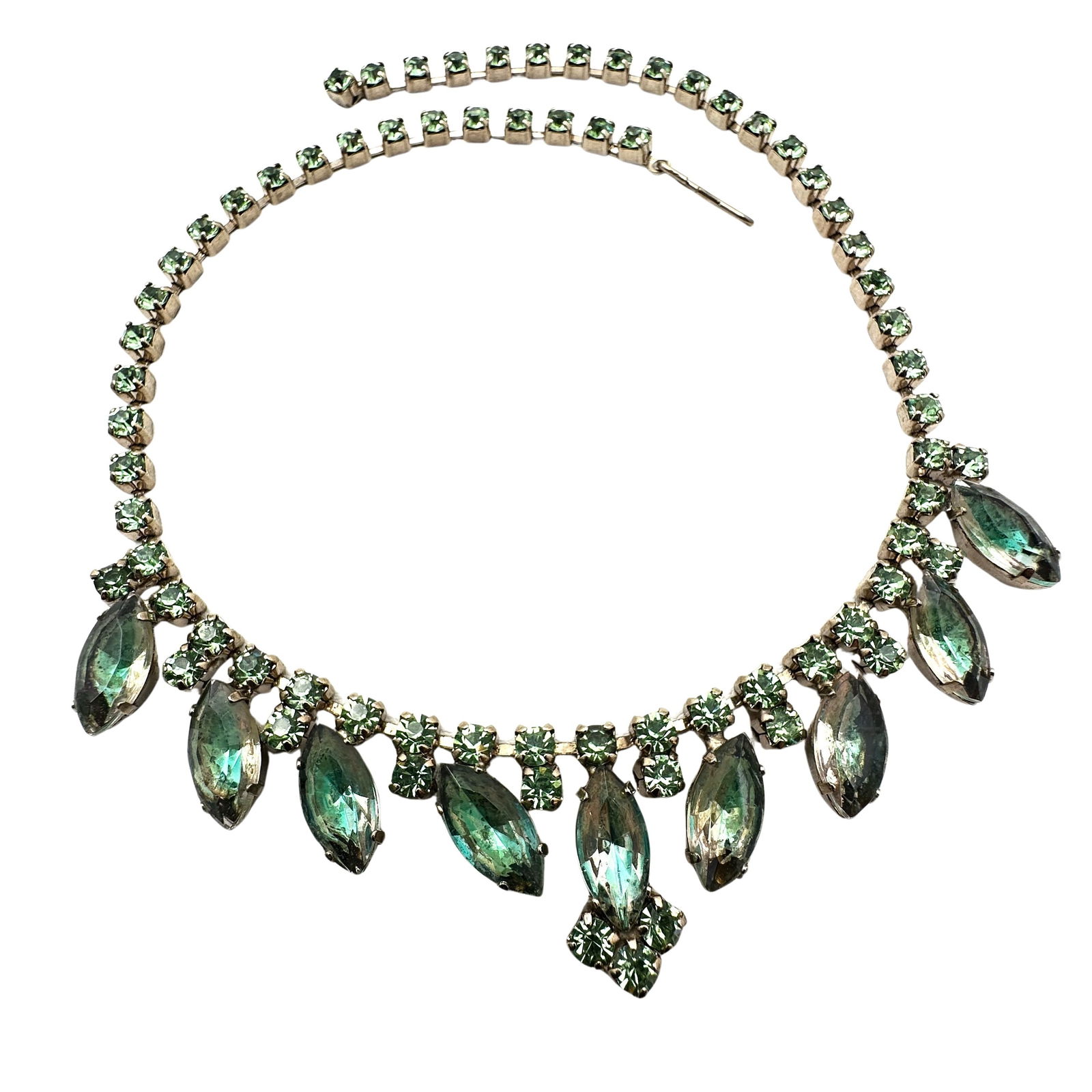 Vintage Green Givre Glass Rhinestone Gold Tone Necklace 15 Inch: Vintage Green Givre Glass Rhinestone Gold Tone Necklace 15 Inch