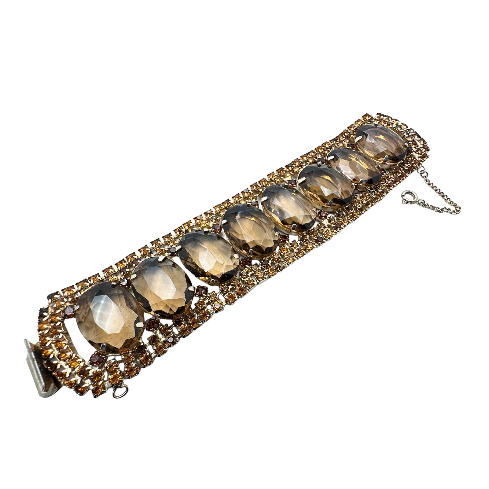 Vintage High End Amber Rhinestone 1.5 Inch Wide Silver Tone Bracelet 7 Inch (1 of 3)