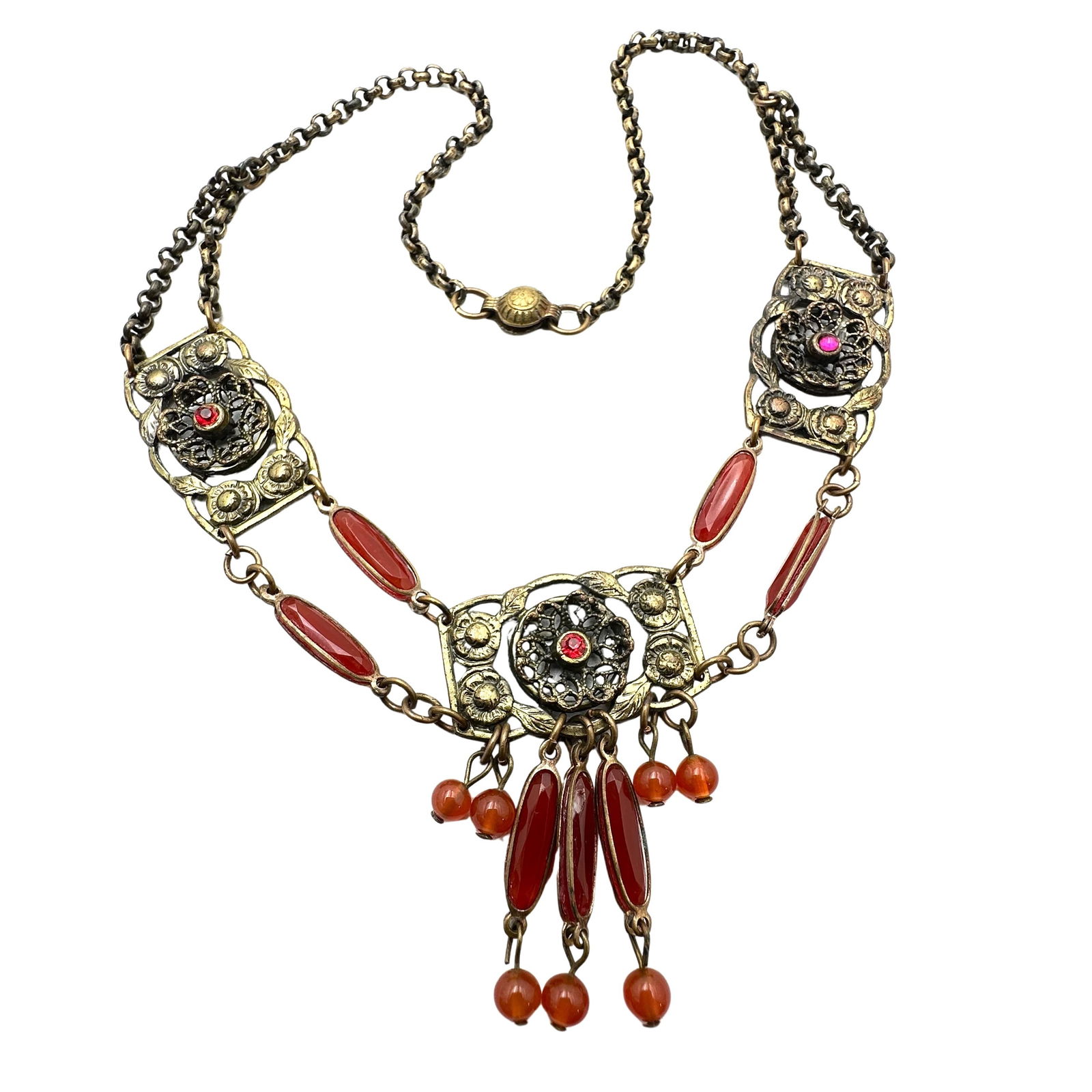 Antique Vintage Red Czech Glass Antiqued Gold Tone Choker Necklace 15 Inch: Antique Vintage Red Czech Glass Antiqued Gold Tone Choker Necklace 15 Inch