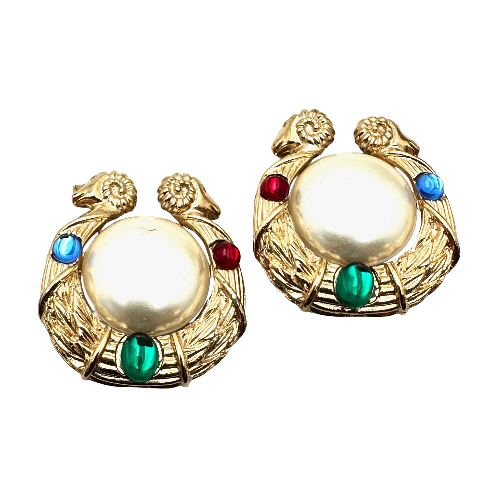 Vintage Mogul Jewel Tone Stones Gold Tone Rams Head Clip Earrings 1.5 Inch (1 of 2)