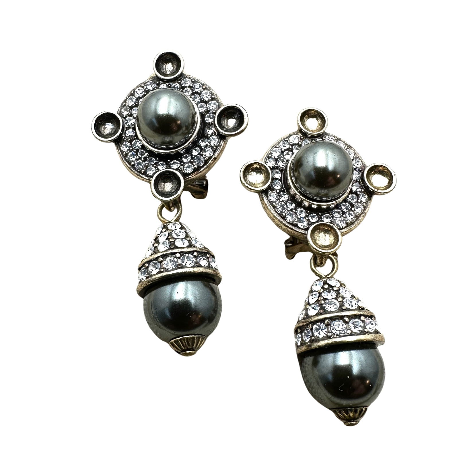 Heidi Daus Olive Green Faux Pearl Clear Crystal Bronze Tone Pierced Chandelier Earrings: Heidi Daus Olive Green Faux Pearl Clear Crystal Bronze Tone Pierced Chandelier Earrings