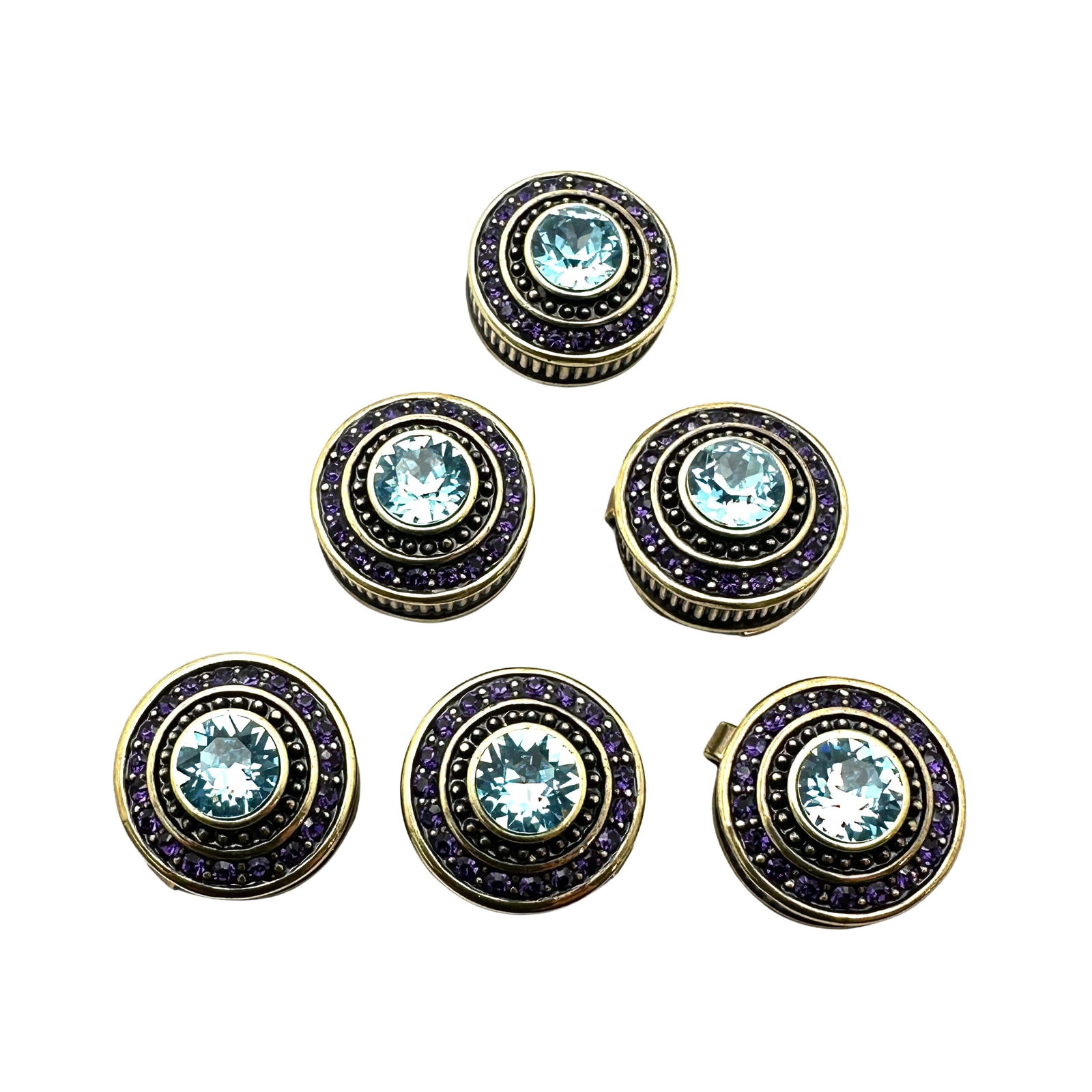 Heidi Daus Blue Crystal Bronze Tone Button Covers: Heidi Daus Blue Crystal Bronze Tone Button Covers