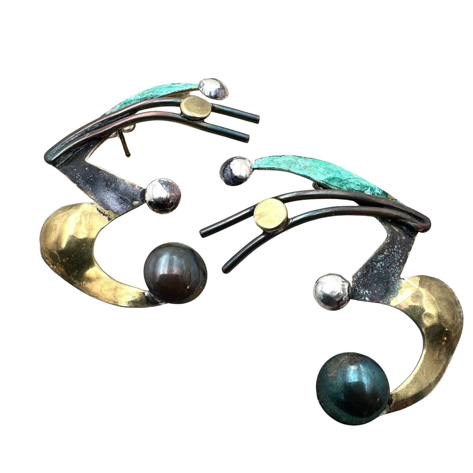 Vintage Artisan Mixed Metal Pierced Earrings 2 Inch: Vintage Artisan Mixed Metal Pierced Earrings 2 Inch