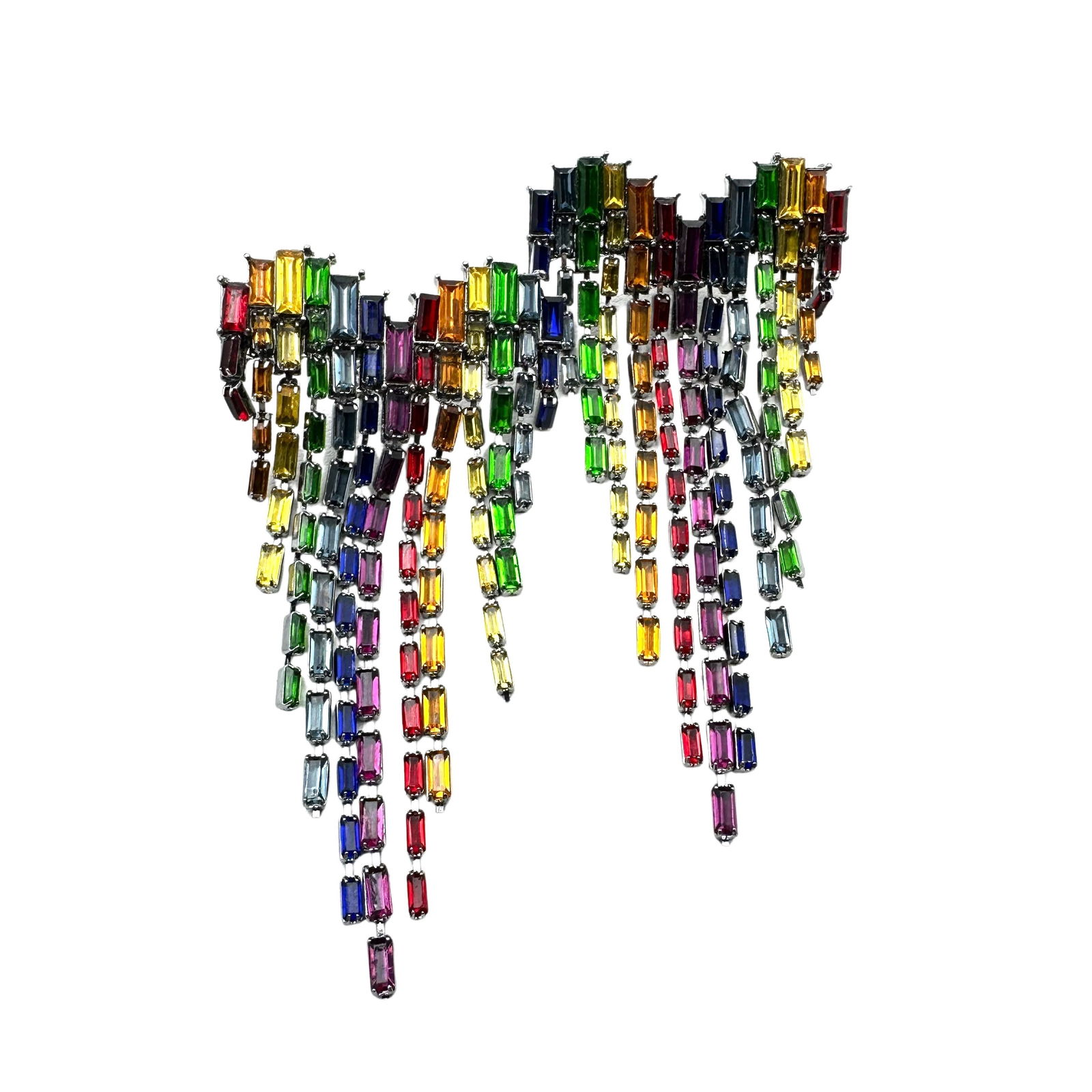 Rainbow Multicolor Rhinestone Silver Tone Statement Pierced Earrings 3 Inch (1 of 2)