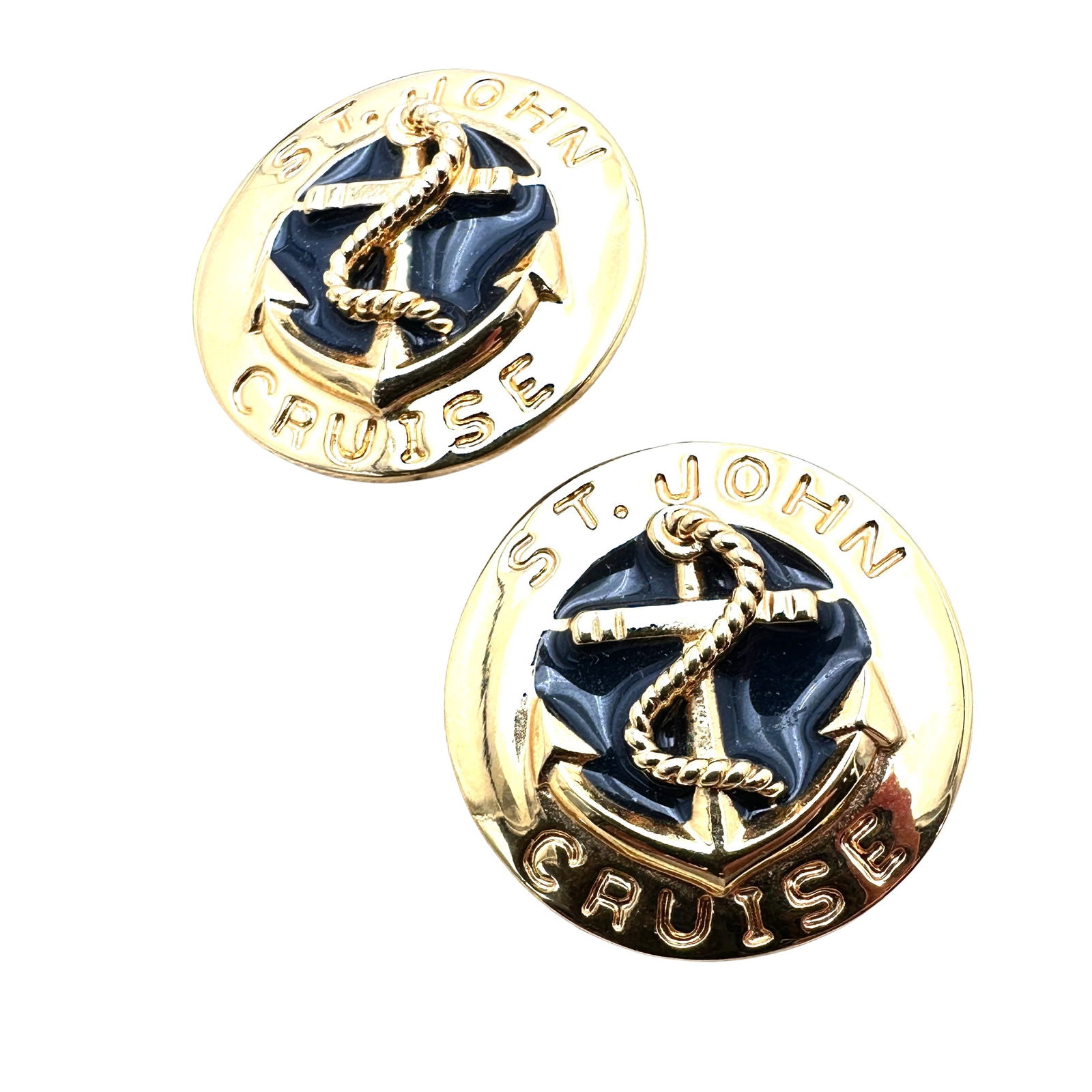 Vintage St. John "Cruise" Gold Tone Blue Enamel Anchor Clip Earrings: Vintage St. John "Cruise" Gold Tone Blue Enamel Anchor Clip Earrings