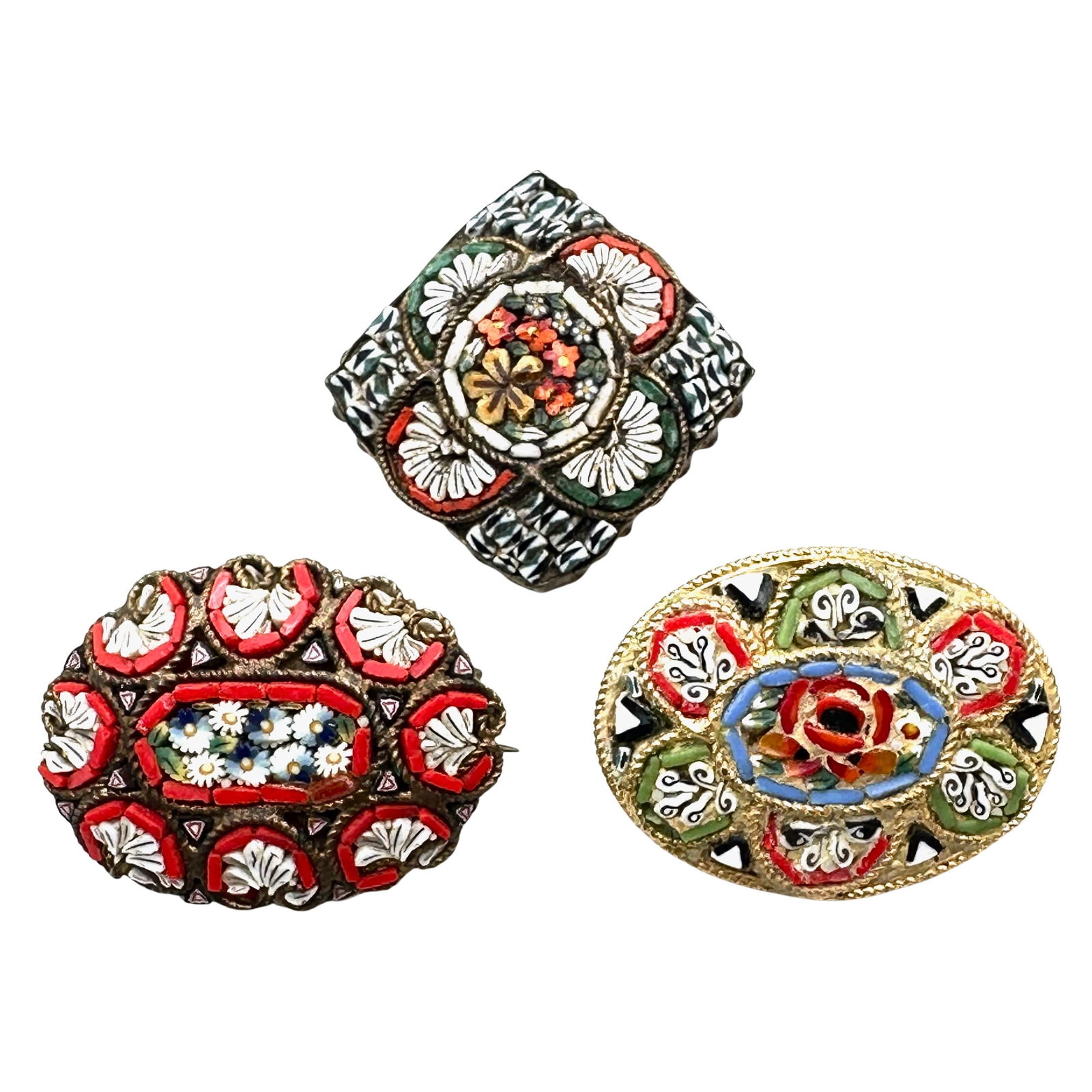 Vintage Group of Three Micro Mosaic Italian Brooches Pins (1 of 2)