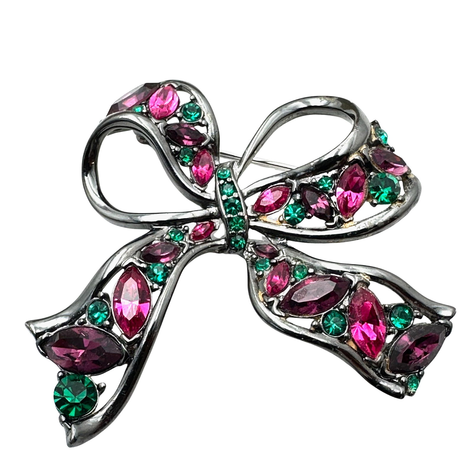 Vintage Pink Green Glass Rhinestone Dark Silver Tone Bow Brooch Pin 2.5 Inch: Vintage Pink Green Glass Rhinestone Dark Silver Tone Bow Brooch Pin 2.5 Inch