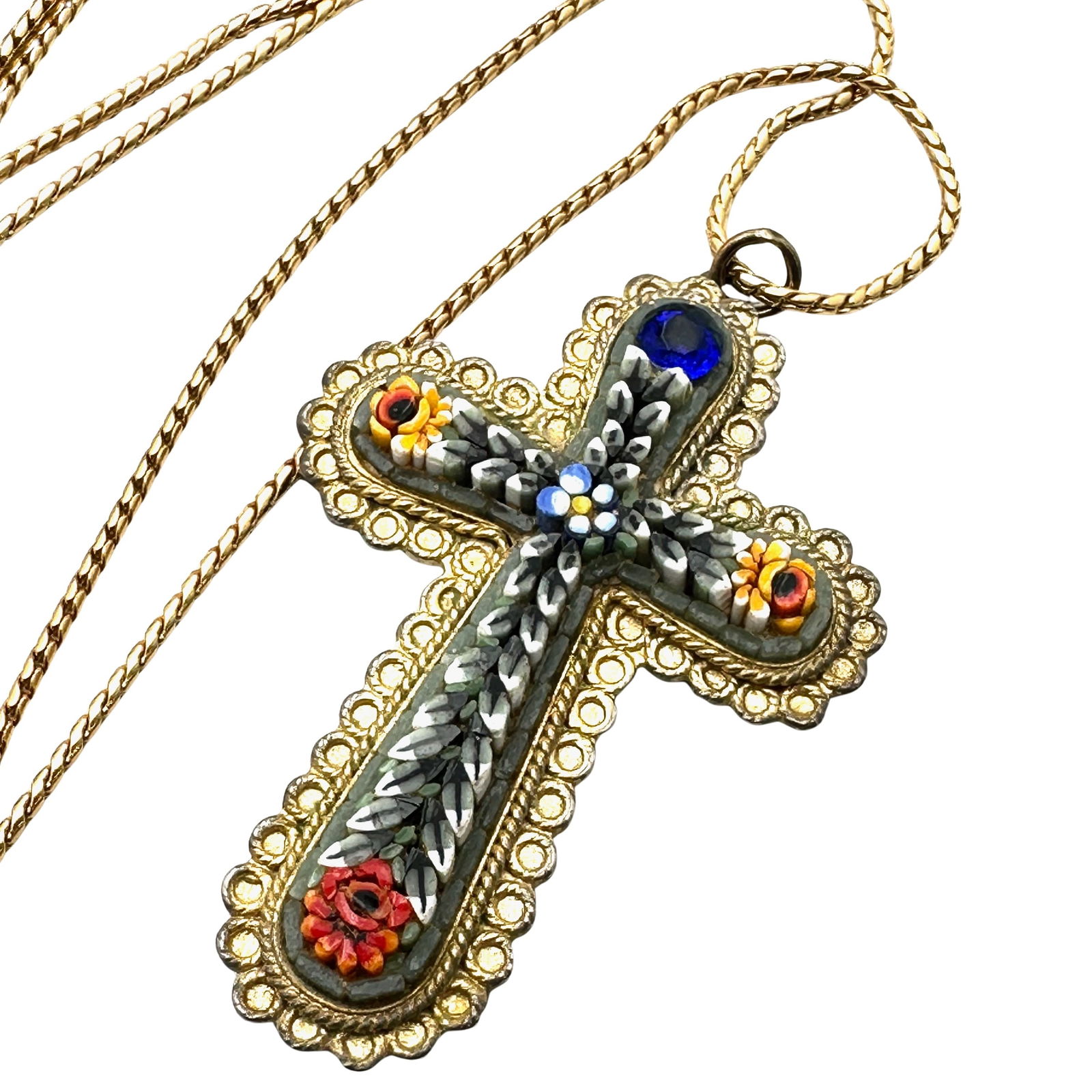 Vintage Italian Micro Mosaic Cross Pendant Gold Tone Necklace 24 Inch Chain (1 of 2)