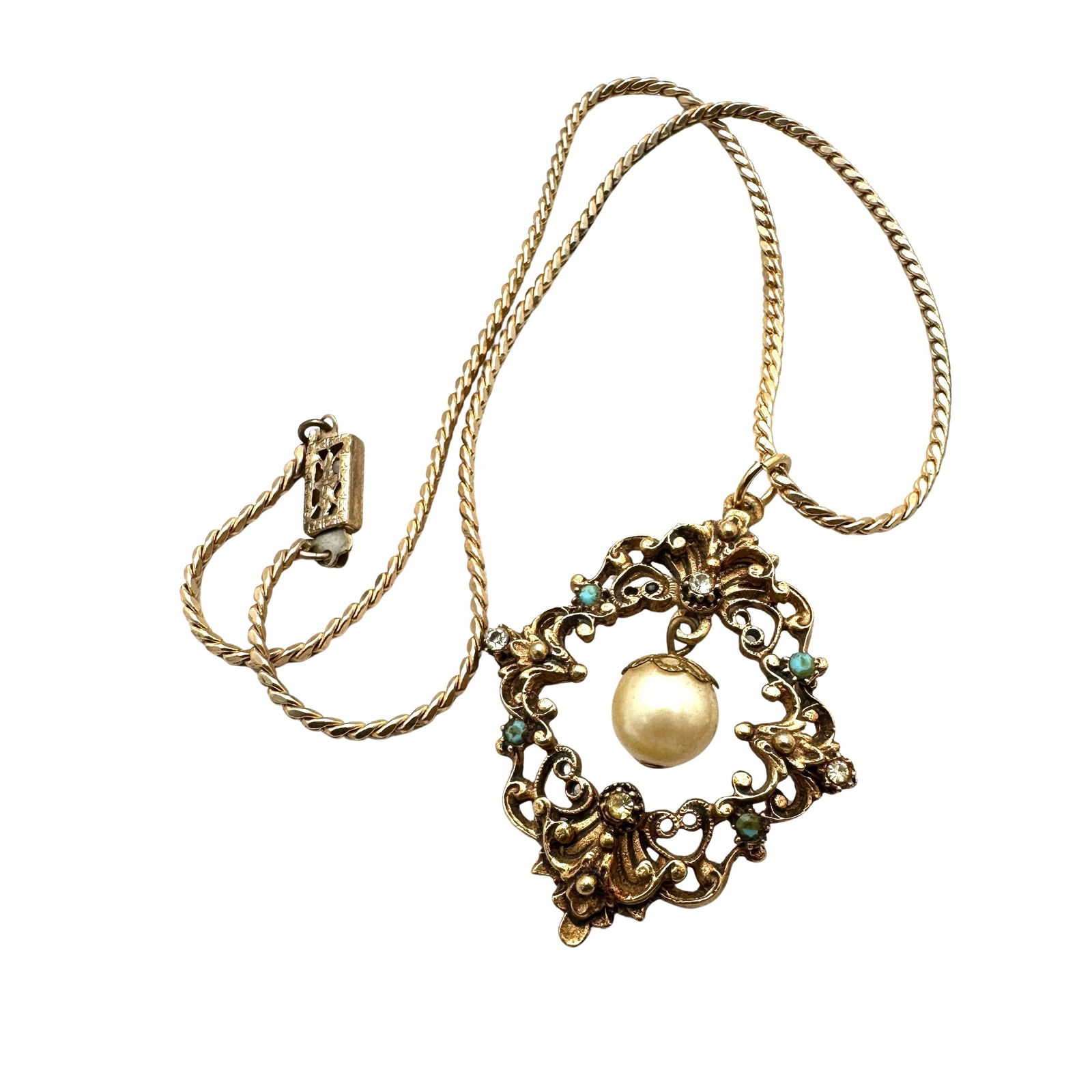 Vintage Florenza Rhinestone Faux Pearl Gold Tone Pendant Necklace 16 Inch: Vintage Florenza Rhinestone Faux Pearl Gold Tone Pendant Necklace 16 Inch