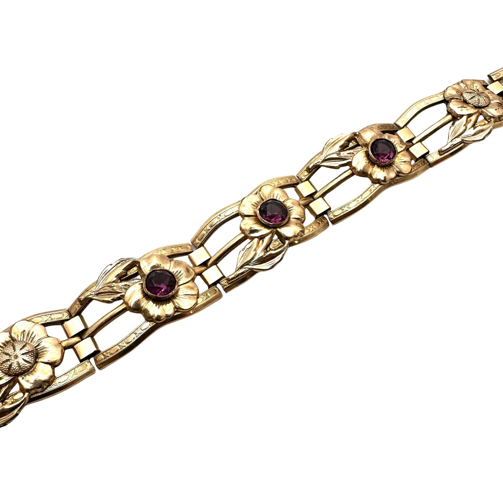 Vintage Gold Filled Purple Stone Bracelet Flower Design 7 Inch: Vintage Gold Filled Purple Stone Bracelet Flower Design 7 Inch