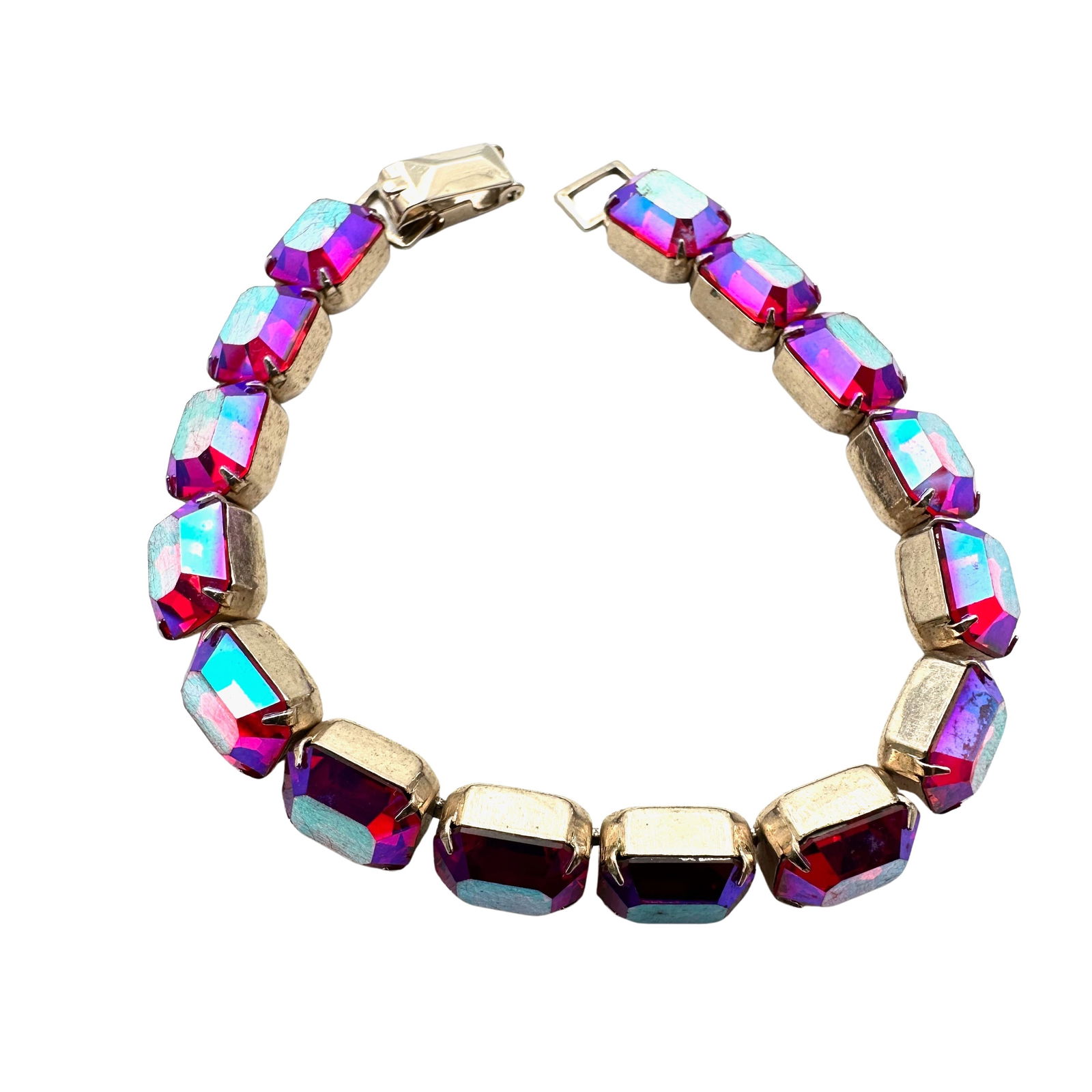 Vintage Weiss Red Aurora Borealis Glass Rhinestone Silver Tone Bracelet 6.5 Inch: Vintage Weiss Red Aurora Borealis Glass Rhinestone Silver Tone Bracelet 6.5 Inch