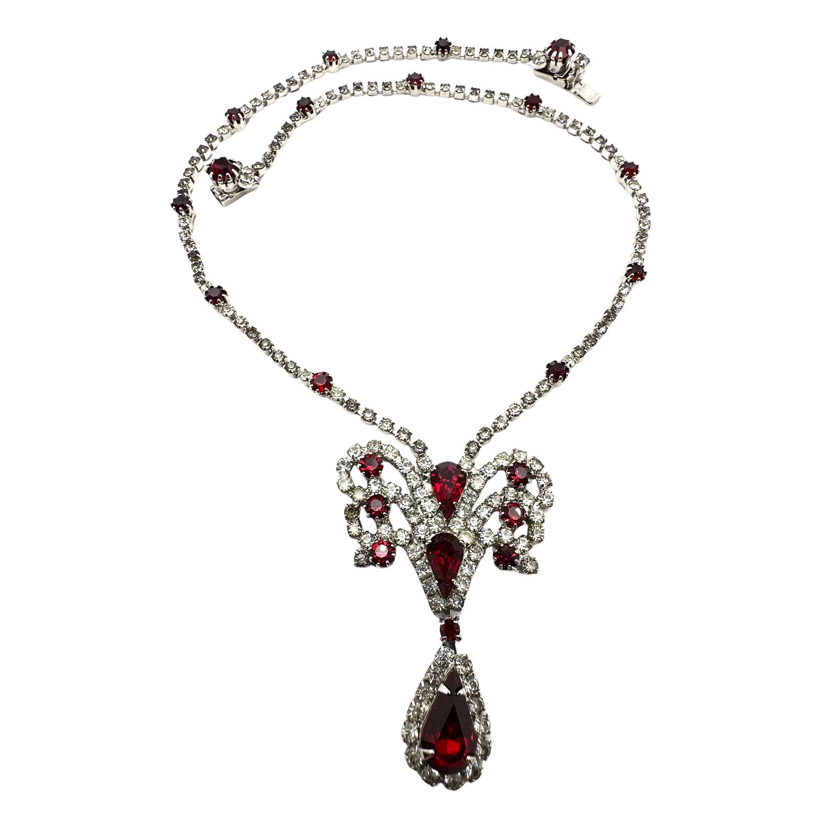 Vintage Red And Clear Glass Rhinestone Silver Tone Necklace 16 Inch: Vintage Red And Clear Glass Rhinestone Silver Tone Necklace 16 Inch