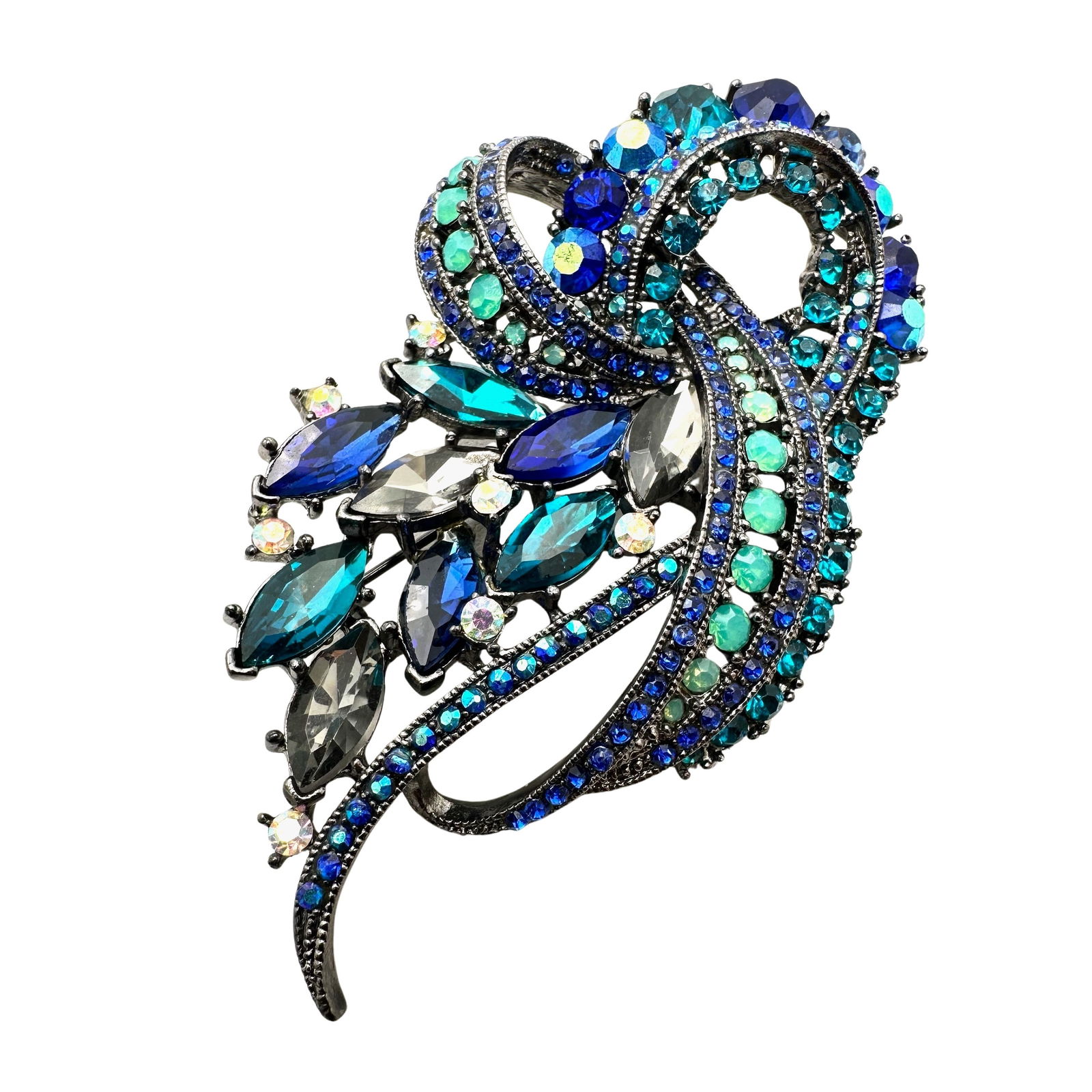 Vintage Joan Rivers Blue Rhinestone Silver Tone Brooch Pin 4 Inch (1 of 2)