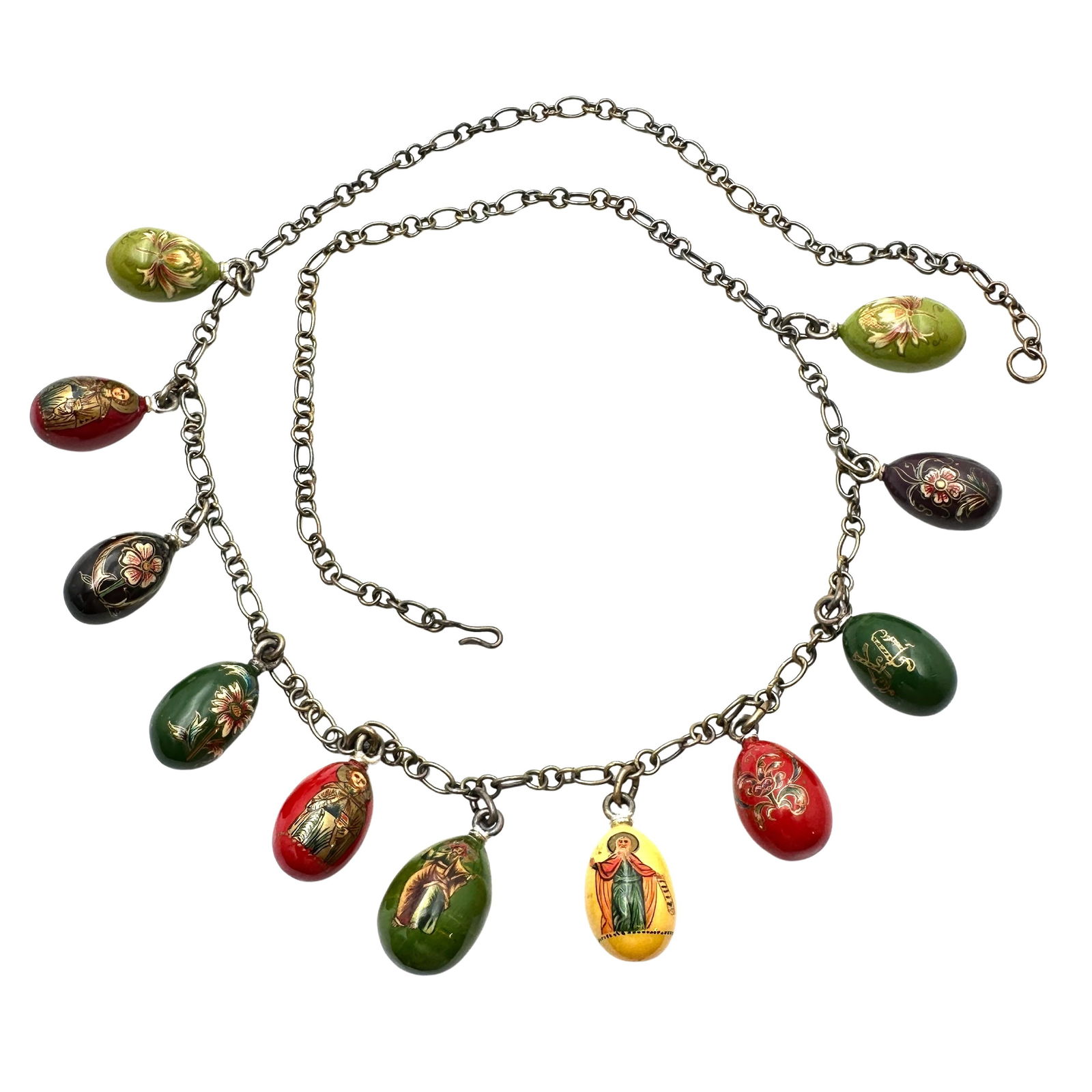 Vintage Hand Painted Russian Egg Charm necklace Silver Tone 20 Inch (1 of 2)
