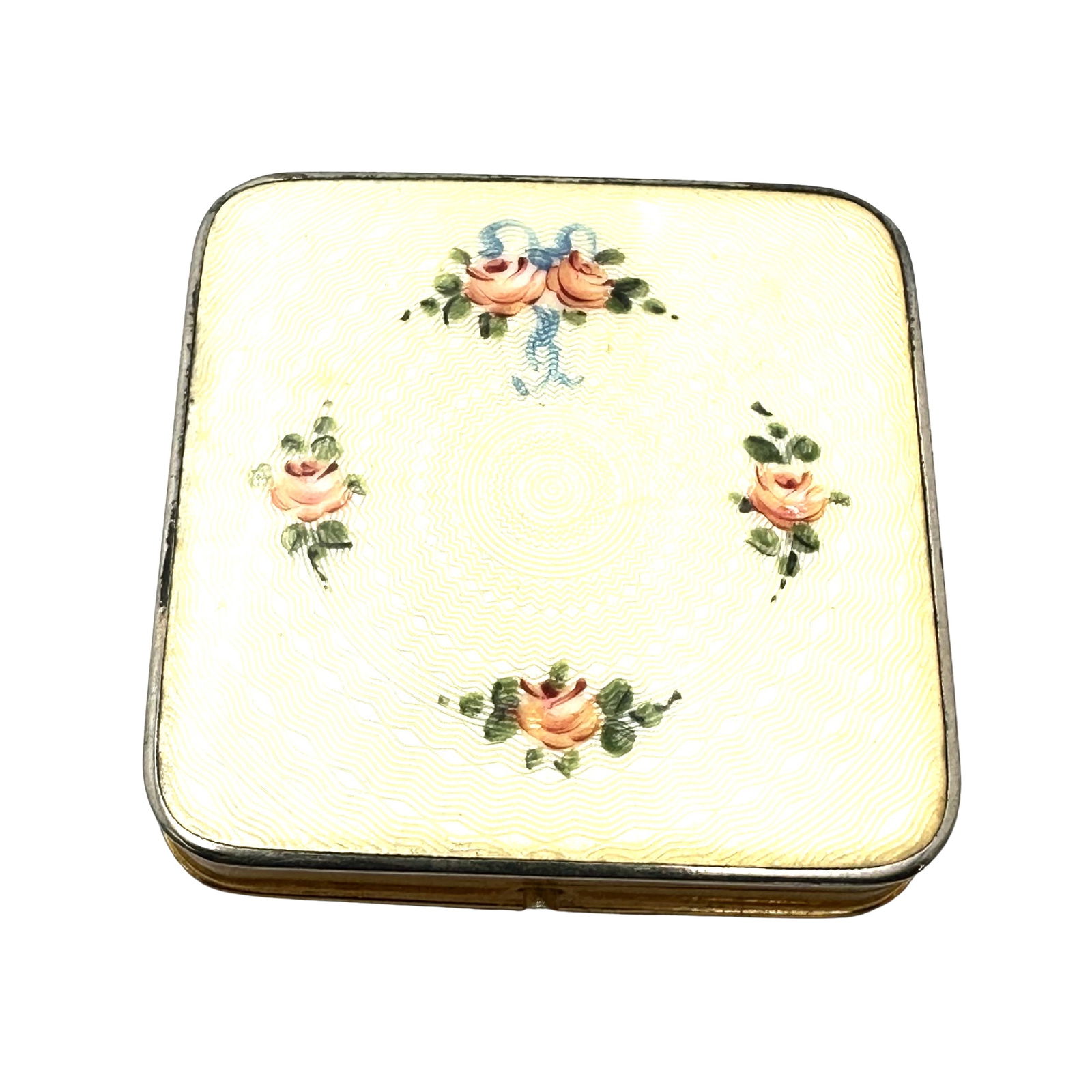 Antique Vintage Pastel Enamel Rose Guilloche Gold Tone Powder Compact 2 Inch (1 of 3)