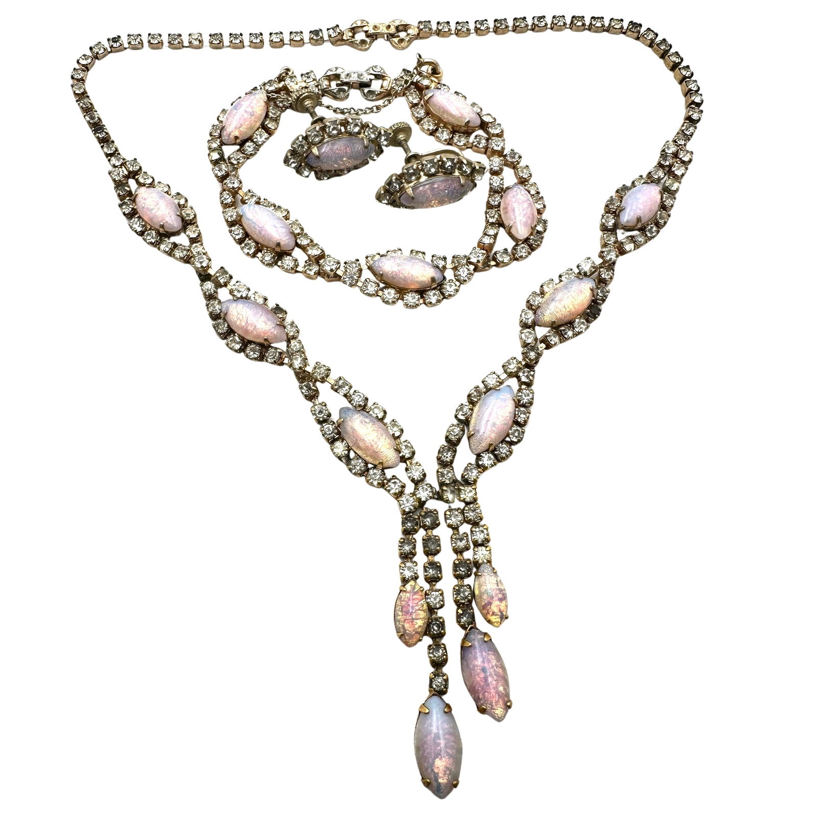 Vintage Dragons Breath Glass Rhinestone Necklace, Bracelet and Screw Back Earrings (1 of 2)