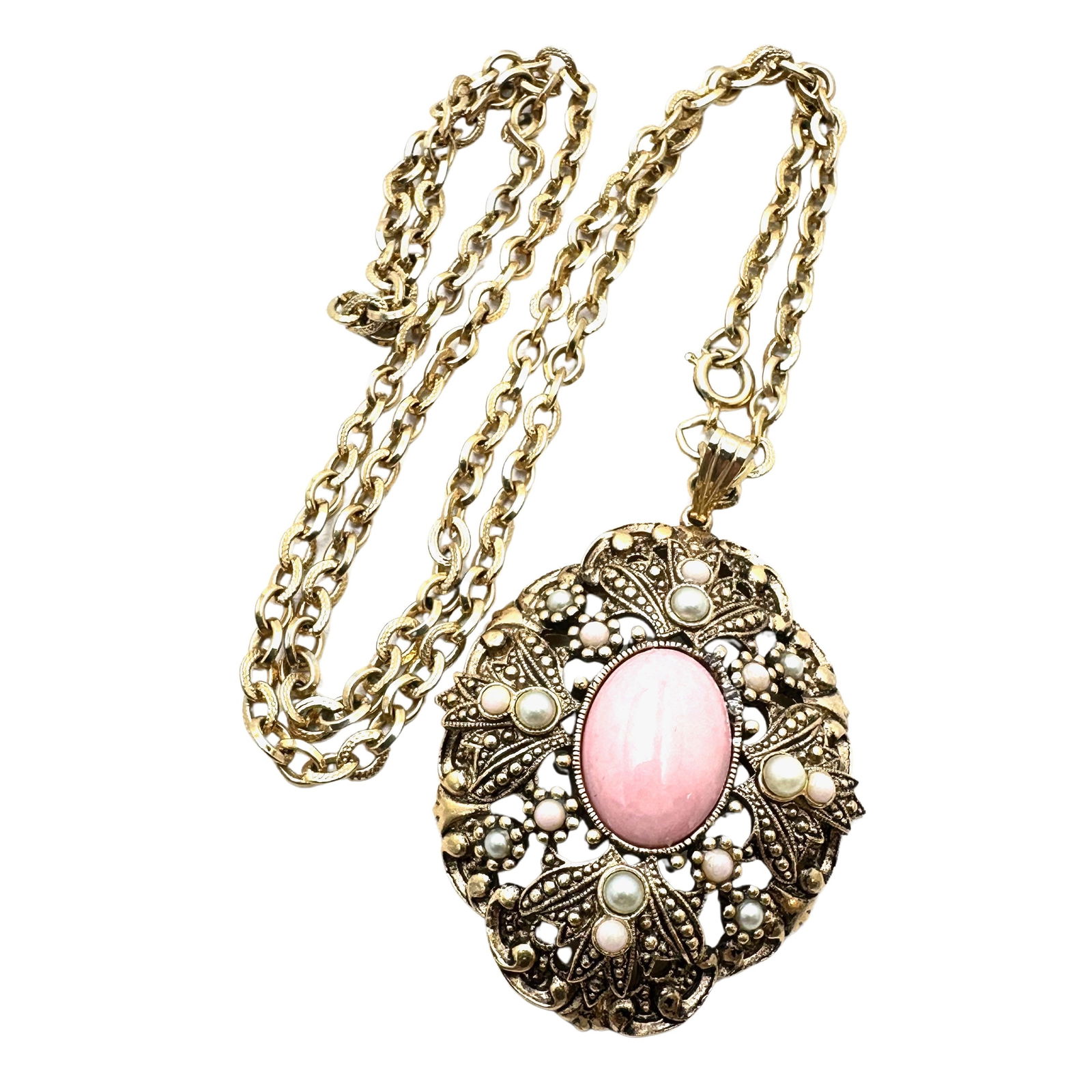 Vintage Avon Victorian Revival Pink & Pearl Gold Tone Pendant Necklace 24 Inch: Vintage Avon Victorian Revival Pink & Pearl Gold Tone Pendant Necklace 24 Inch
