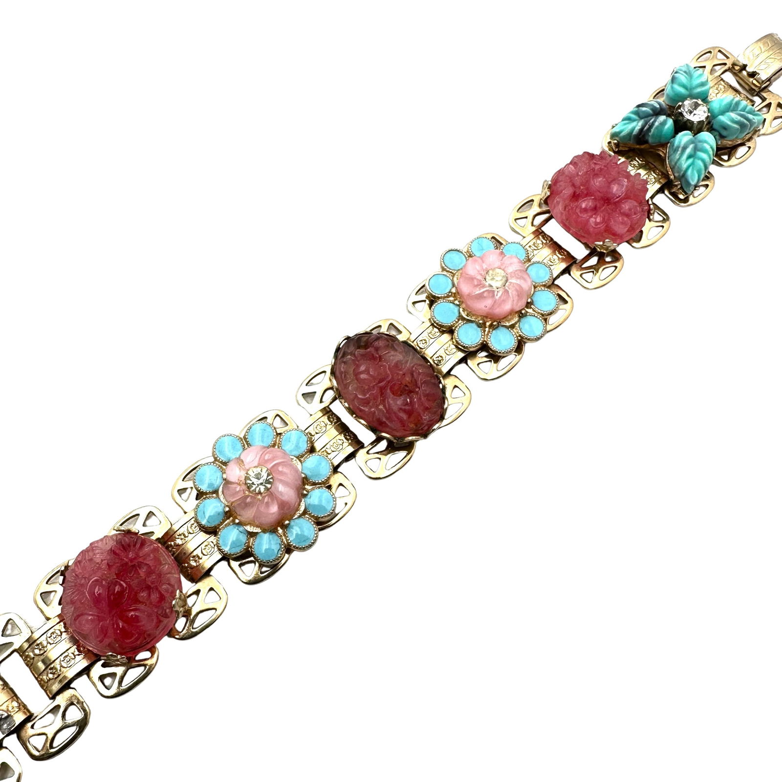 Vintage Pink Blue Molded Glass Gold Tone Book Chain Bracelet 7 Inch (1 of 2)