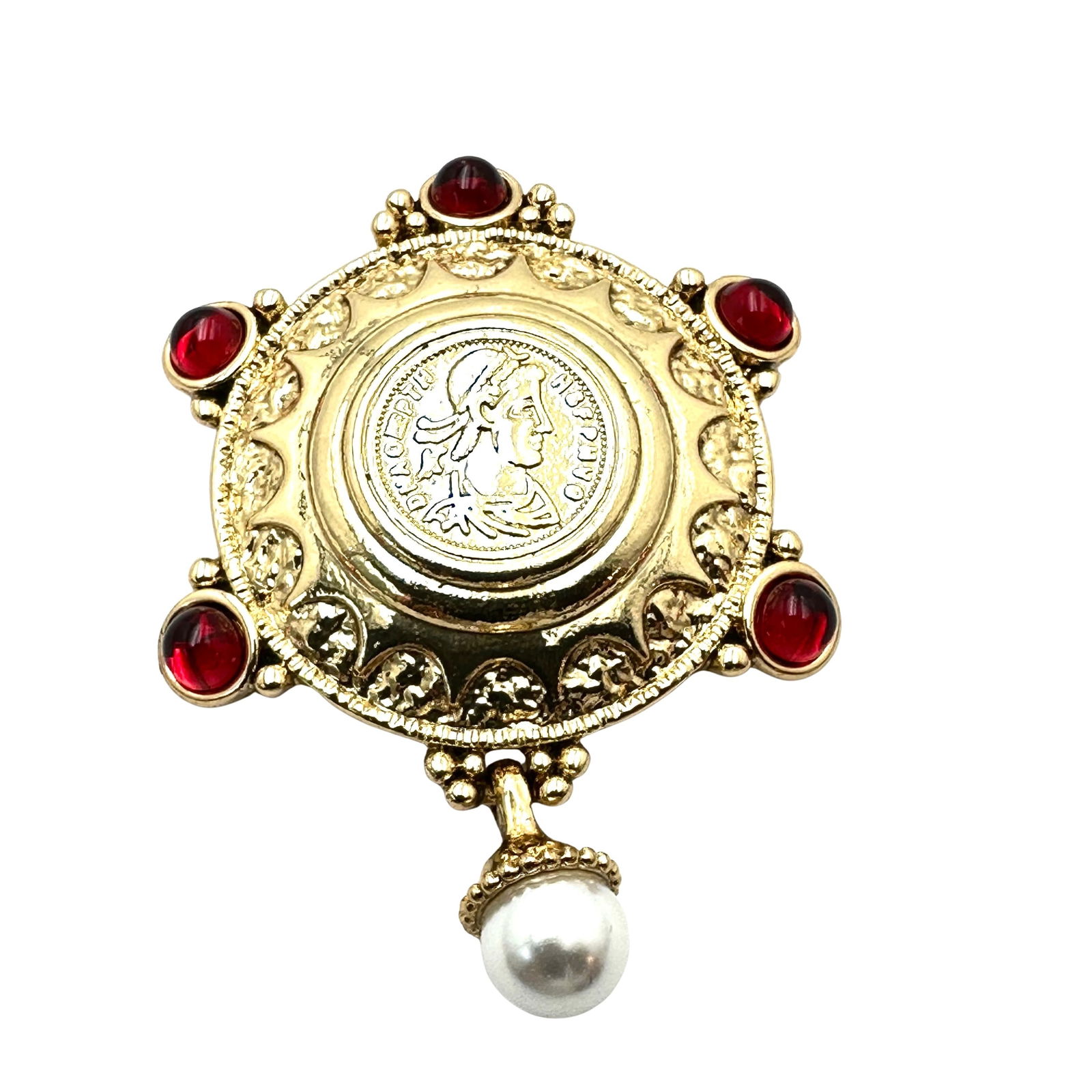 Red Rhinestone Faux Pearl Coin Design Gold Tone Brooch Pin 2.5 Inch: Red Rhinestone Faux Pearl Coin Design Gold Tone Brooch Pin 2.5 Inch