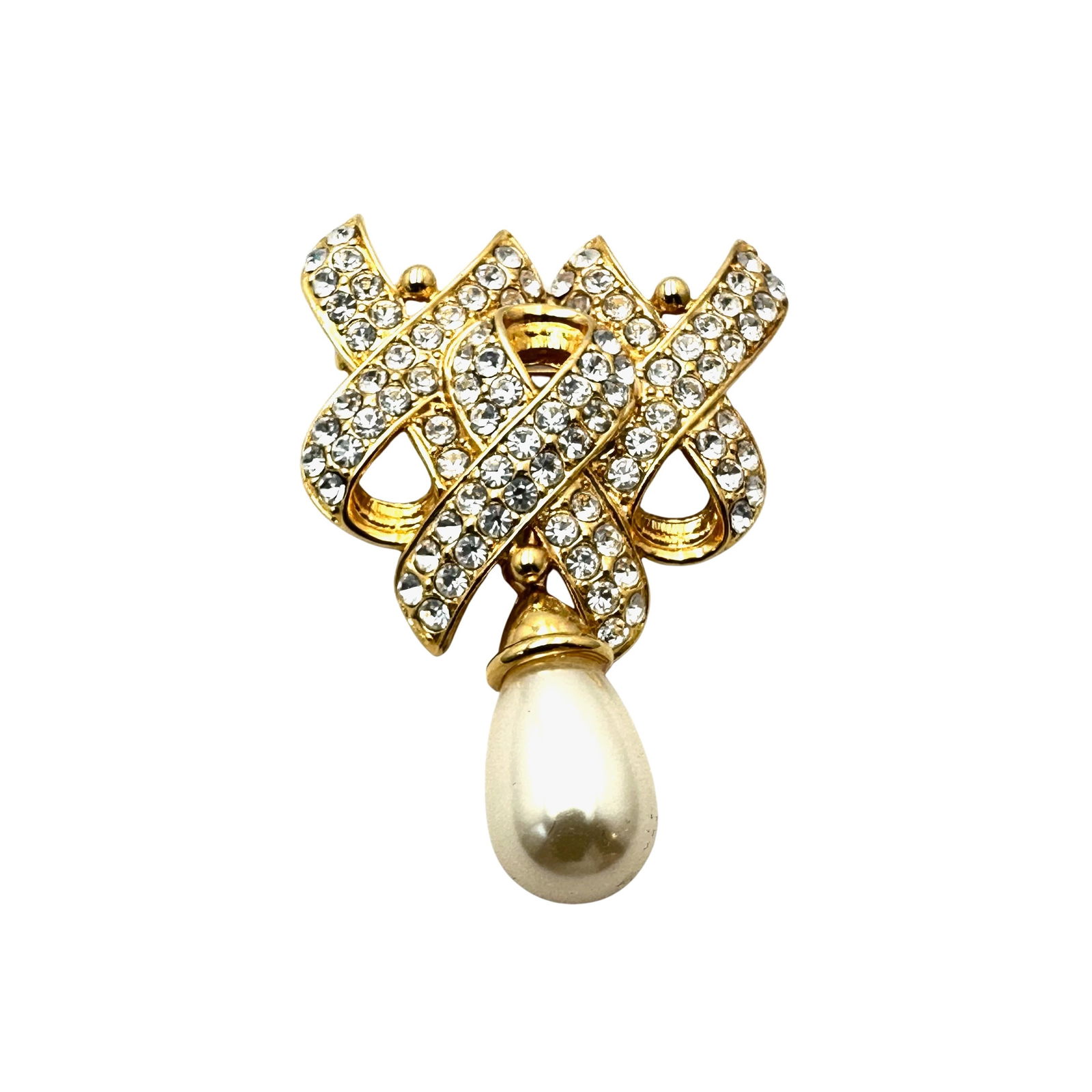 Ivana Trump Clear Crystal Faux Pearl Gold Tone Brooch Pin 2 Inch: Ivana Trump Clear Crystal Faux Pearl Gold Tone Brooch Pin 2 Inch