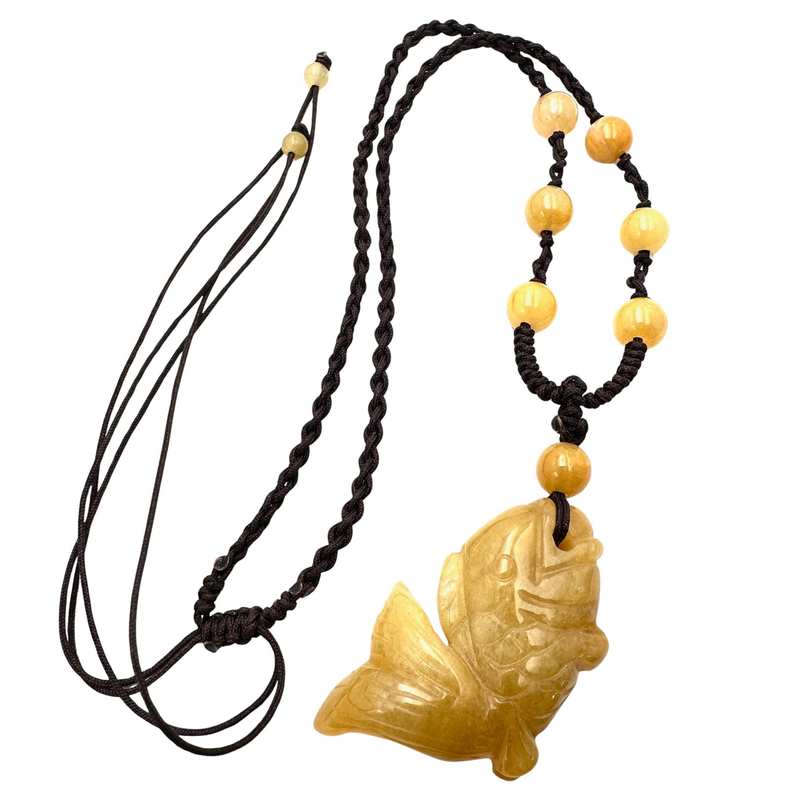 Vintage Yellow Jade Fish Pendant Necklace Brown Silk Cord 24 Inch: Vintage Yellow Jade Fish Pendant Necklace Brown Silk Cord 24 Inch