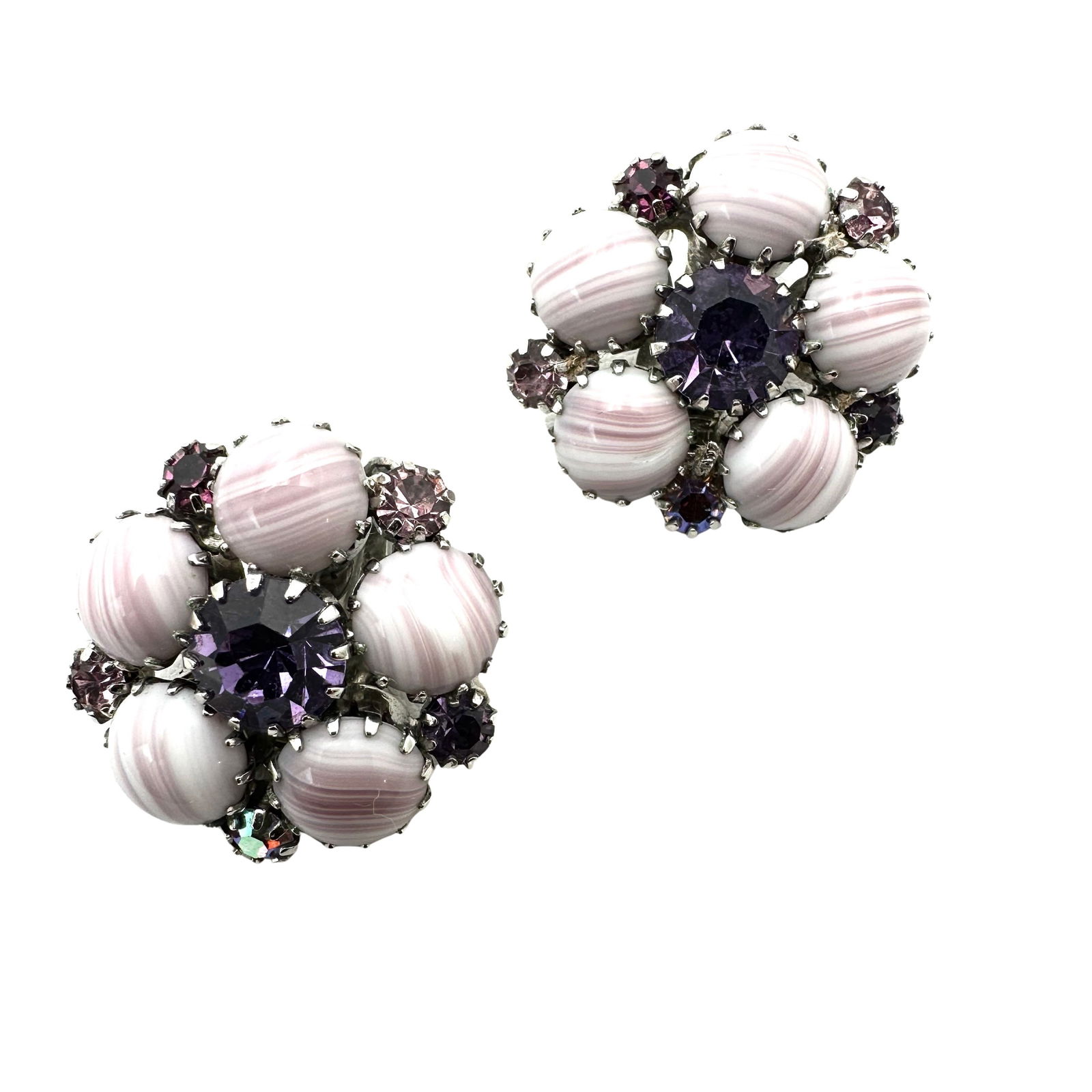 Vintage Weiss Purple Glass Rhinestone Silver Tone Clip Earrings 1.25 Inch (1 of 2)