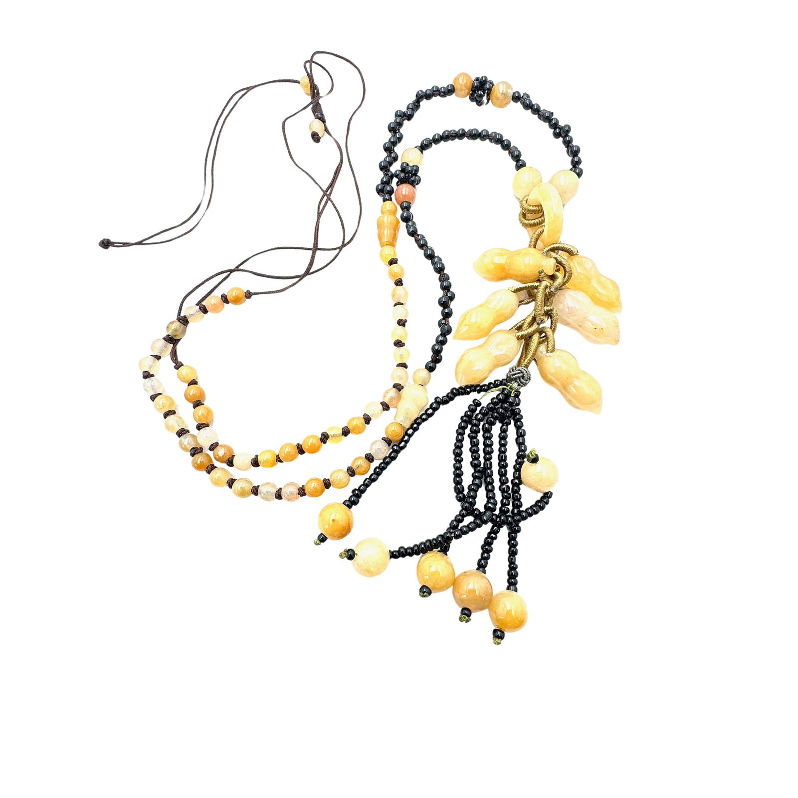 Vintage Yellow Jade Pea Pods Pendant Necklace Brown Silk Cord 2r Inch: Vintage Yellow Jade Pea Pods Pendant Necklace Brown Silk Cord 2r Inch