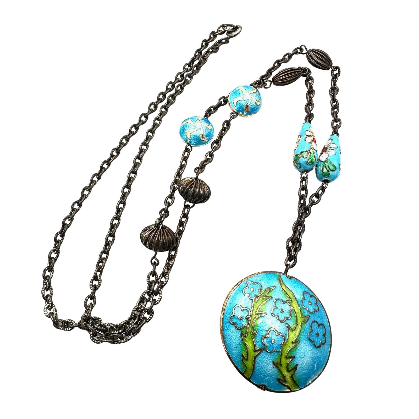 Vintage Cloisonne Bead Necklace Antiqued Gold Tone 28 Inch: Vintage Cloisonne Bead Necklace Antiqued Gold Tone 28 Inch