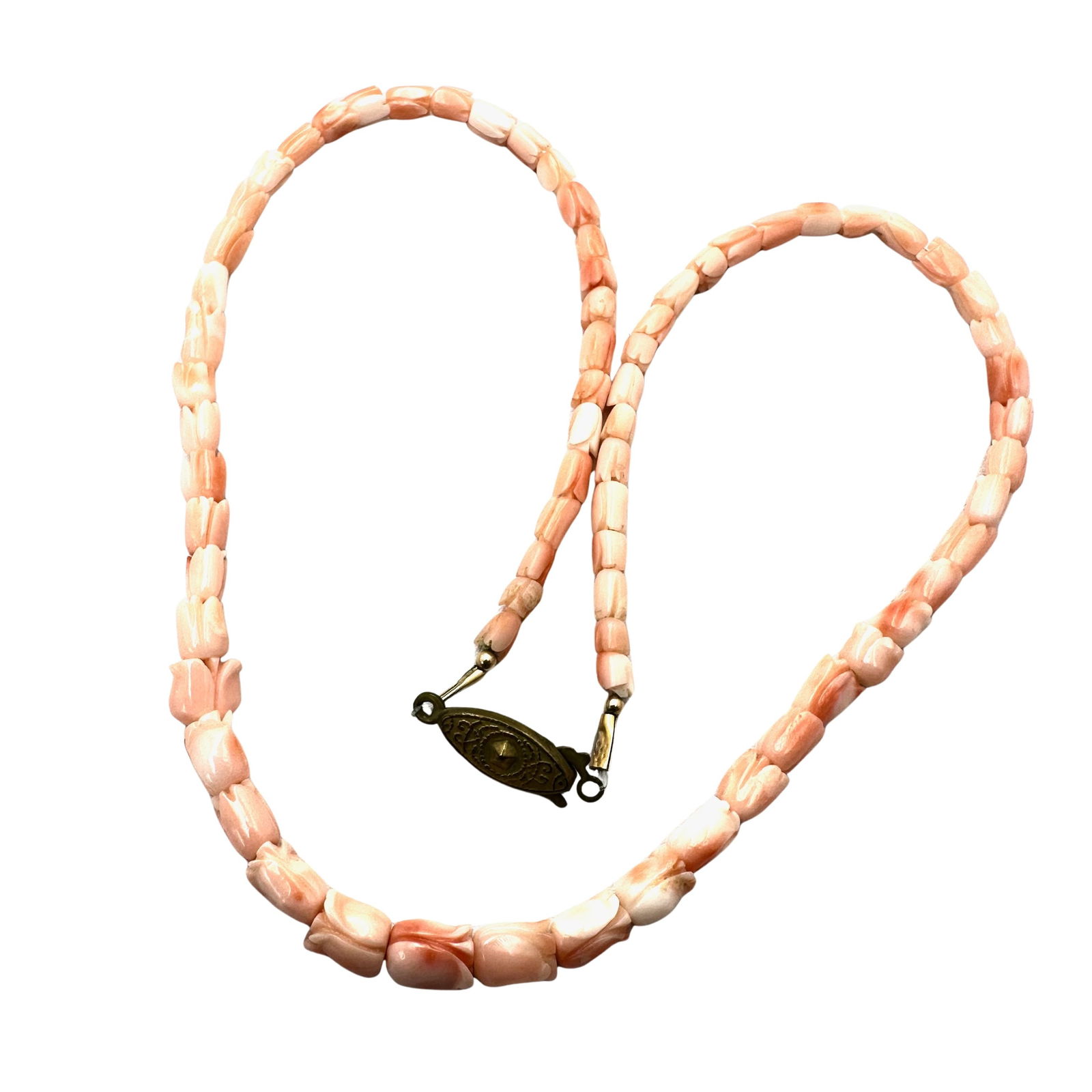 Antique Carved Angel Skin Coral Bead Necklace 17 Inch Tulip Flower Shaped Beads: Antique Carved Angel Skin Coral Bead Necklace 17 Inch Tulip Flower Shaped Beads