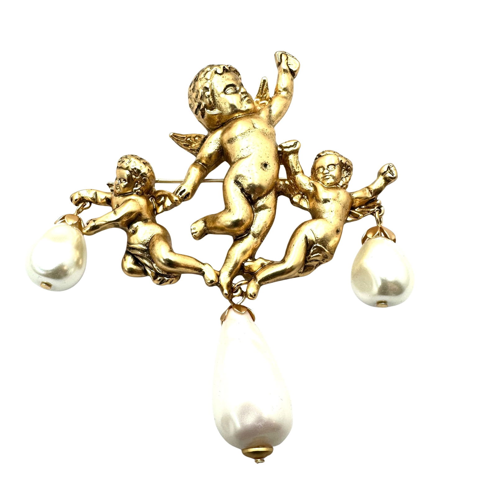Matte Gold Tone Angel Cherub Faux Pearl Large 4 Inch Brooch Pin: Matte Gold Tone Angel Cherub Faux Pearl Large 4 Inch Brooch Pin