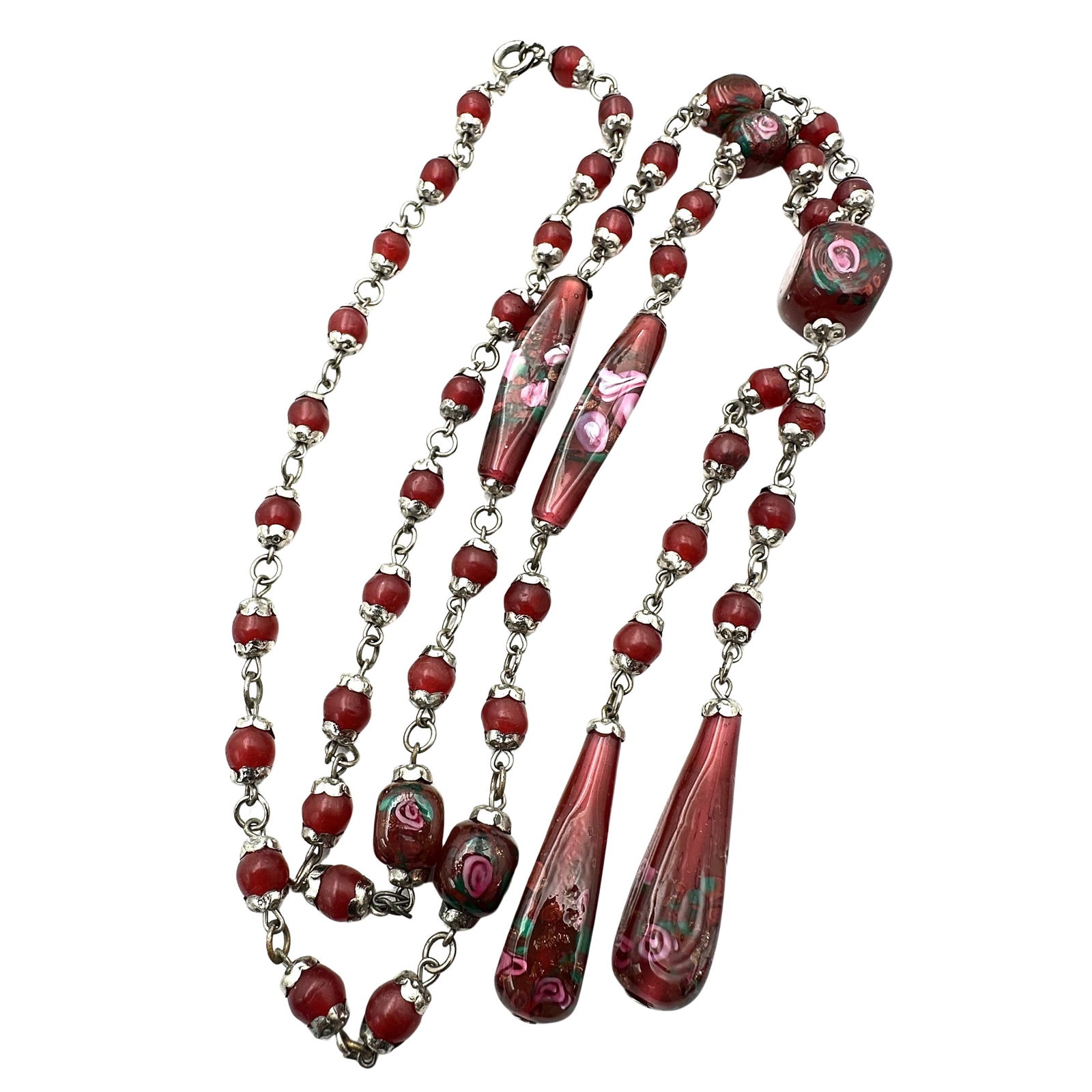 Antique Wedding Cake Glass Bead Necklace 24 Inch Length Flapper Era Vintage Pink Red: Antique Wedding Cake Glass Bead Necklace 24 Inch Length Flapper Era Vintage Pink Red