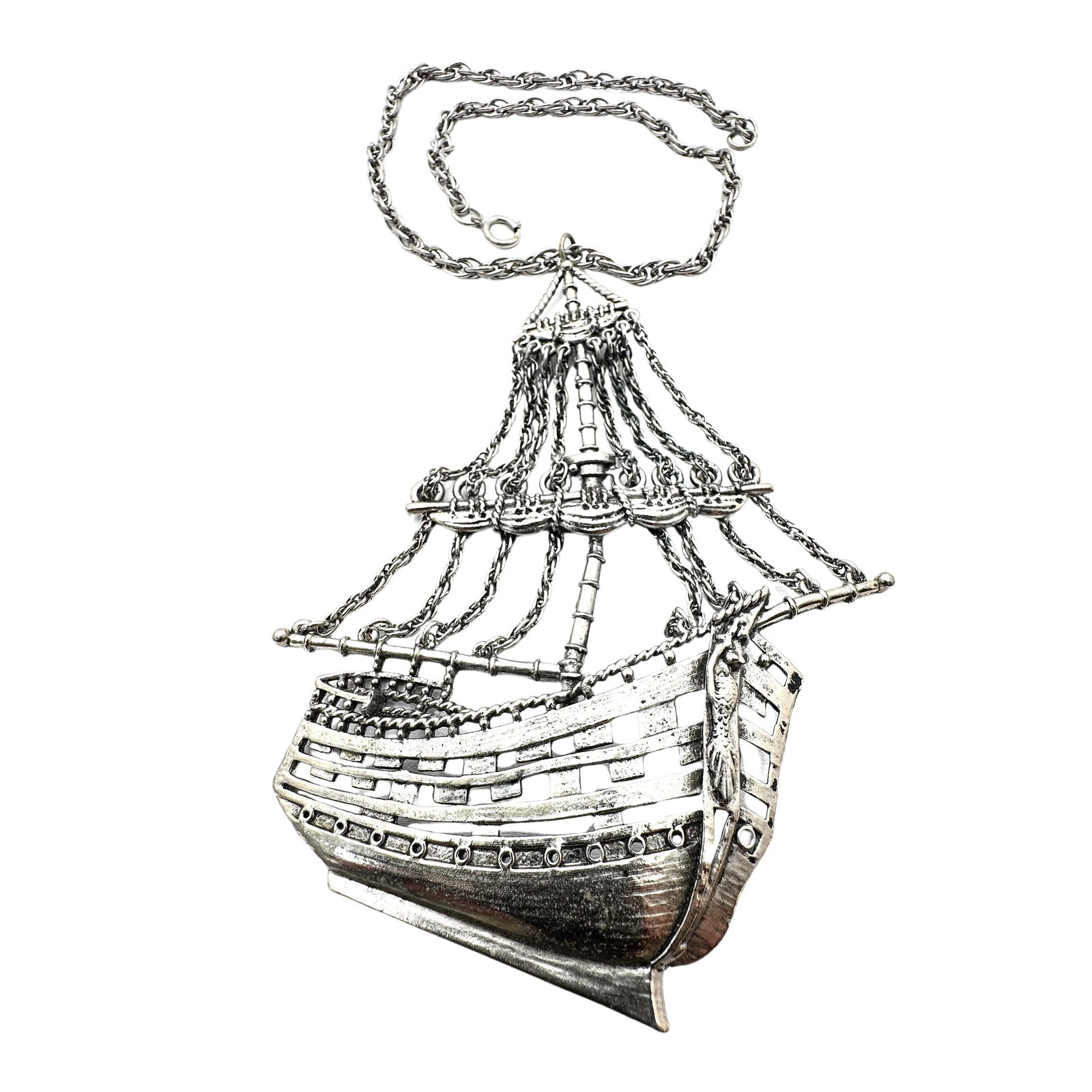 Vintage 1970s Era Large 5 Inch Pirate Ship Pendant Silver Tone 18 Inch Chain Necklace (1 of 2)